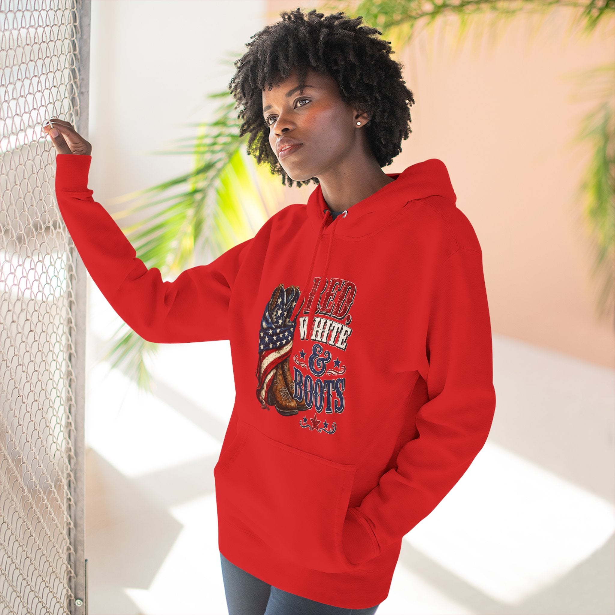 Patriotic 'Red White & Boots' Hoodie — American Flag Cowboy Boots Pullover