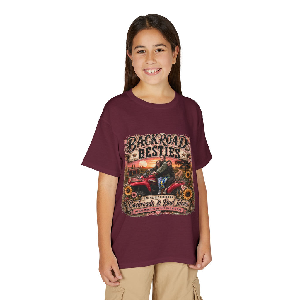 Backroad Besties Youth T‑Shirt — Vintage Tractor Sunset Kids Tee