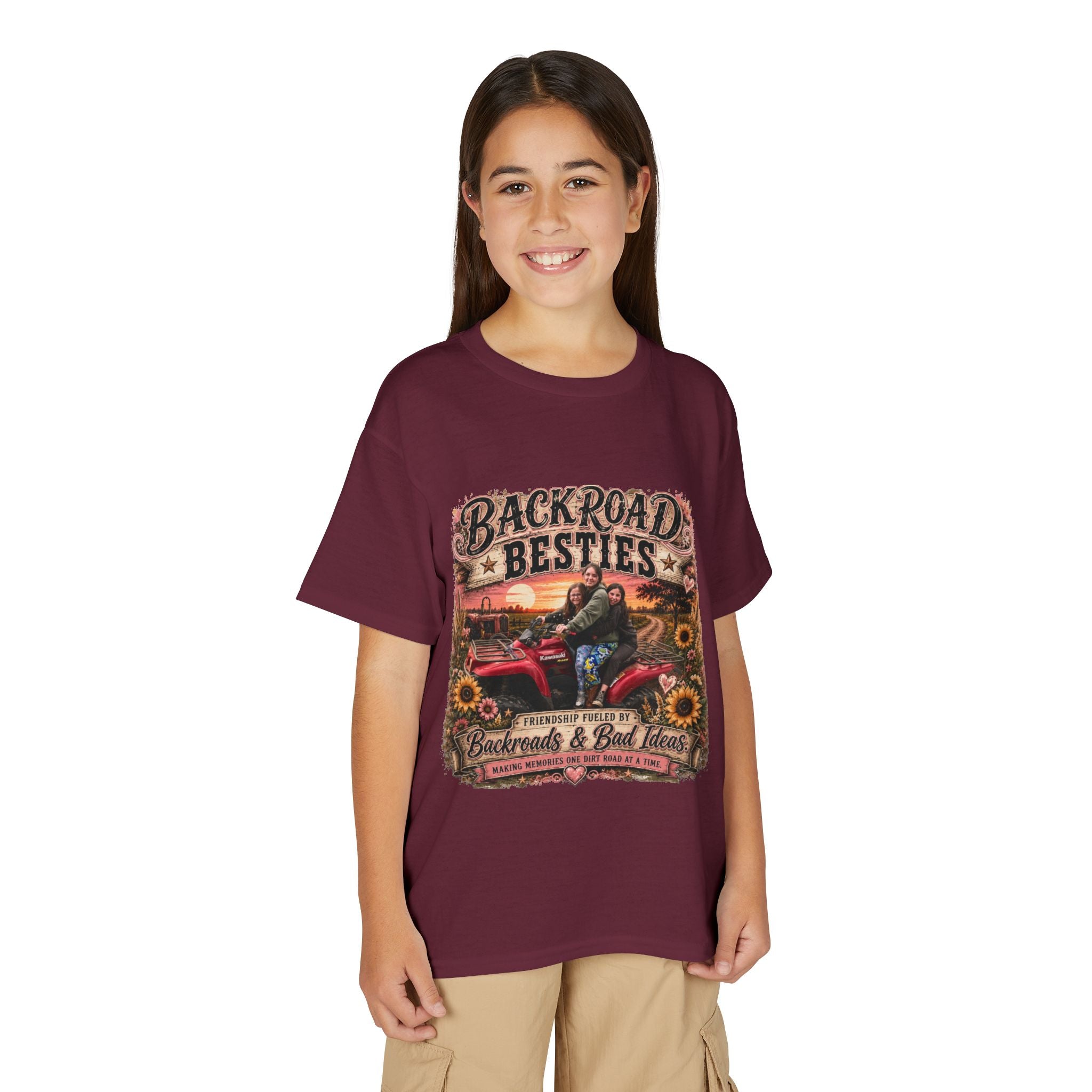 Backroad Besties Youth T‑Shirt — Vintage Tractor Sunset Kids Tee