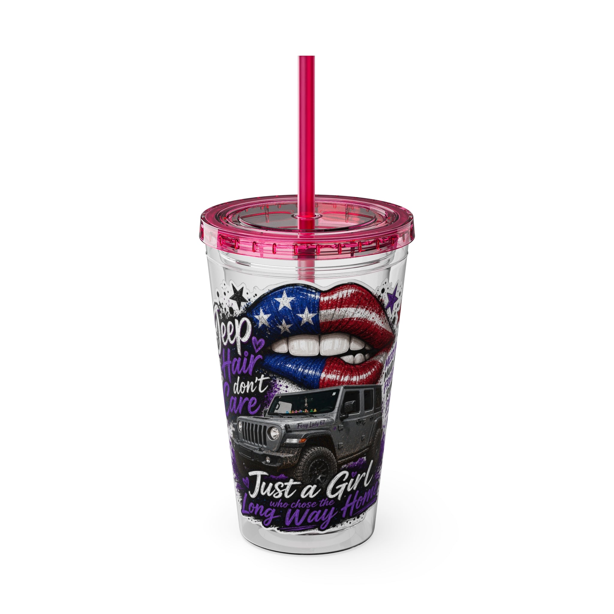 "Jeep Hair Don't Care" Patriotic Lips Design — 16oz Sunsplash Tumbler with Straw