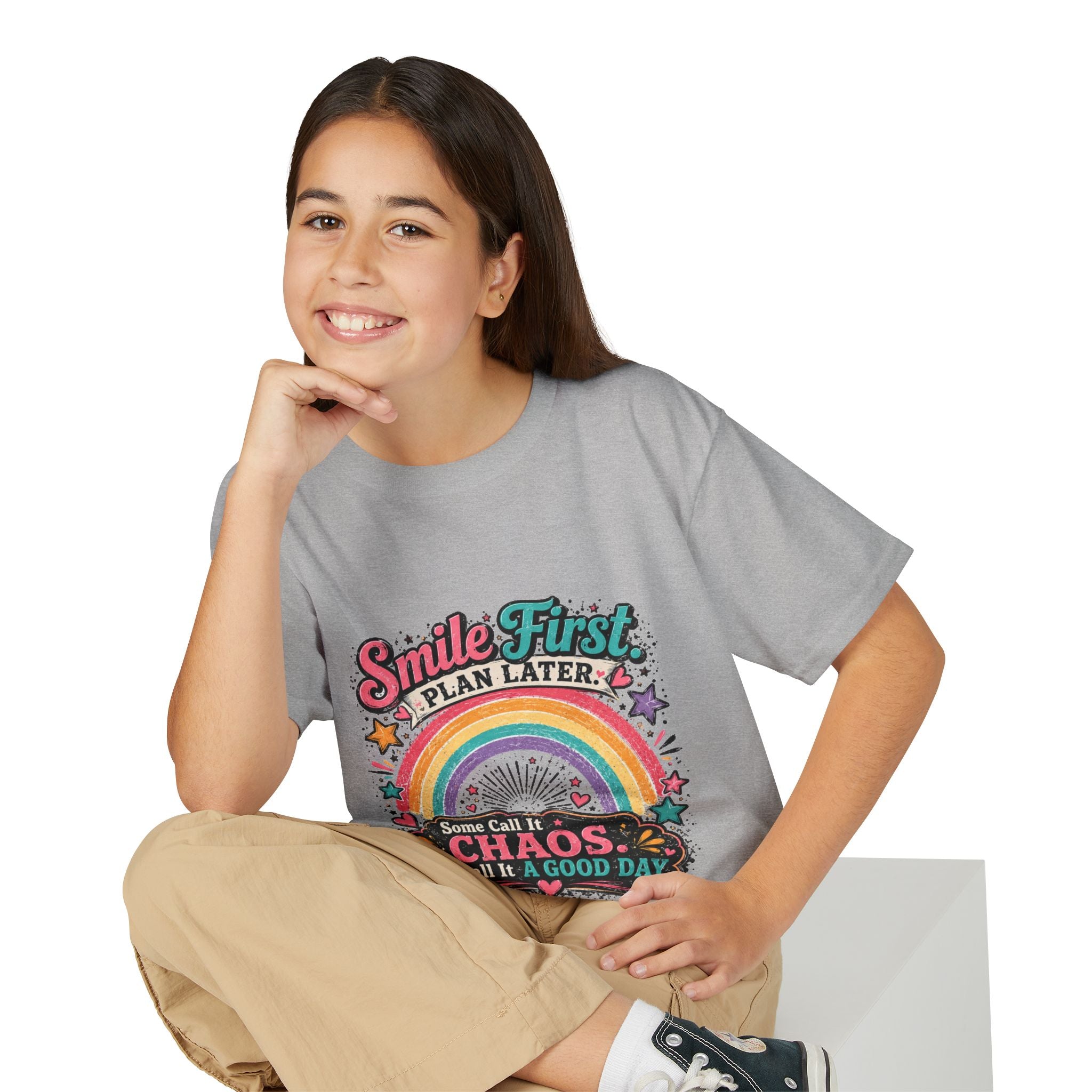 "Smile First, Plan Later" Rainbow Chaos Graphic Tee - Youth T-Shirt —
