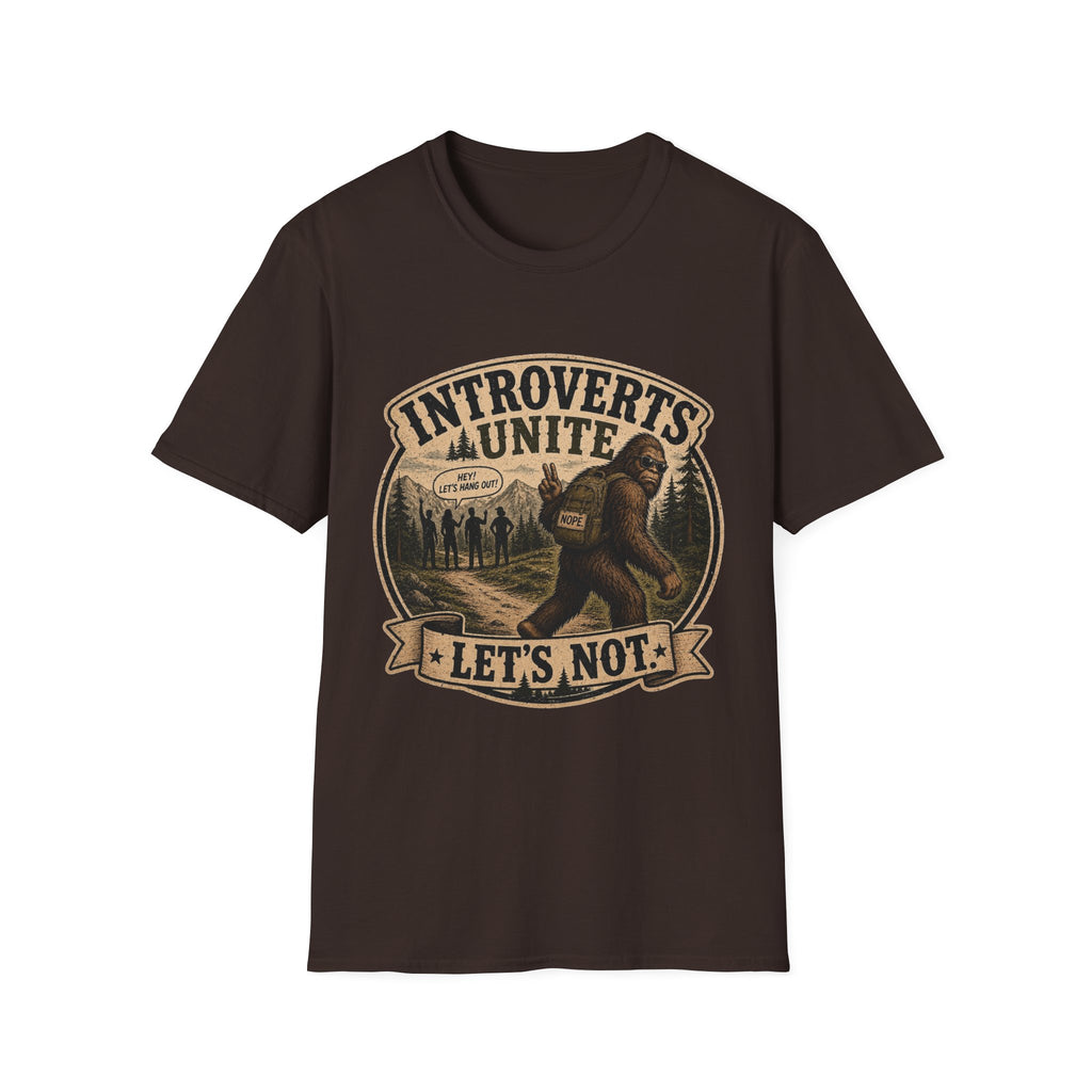 Bigfoot’s Introverts Unite Let's Not T-Shirt — Funny Sasquatch Recalculating Map Tee