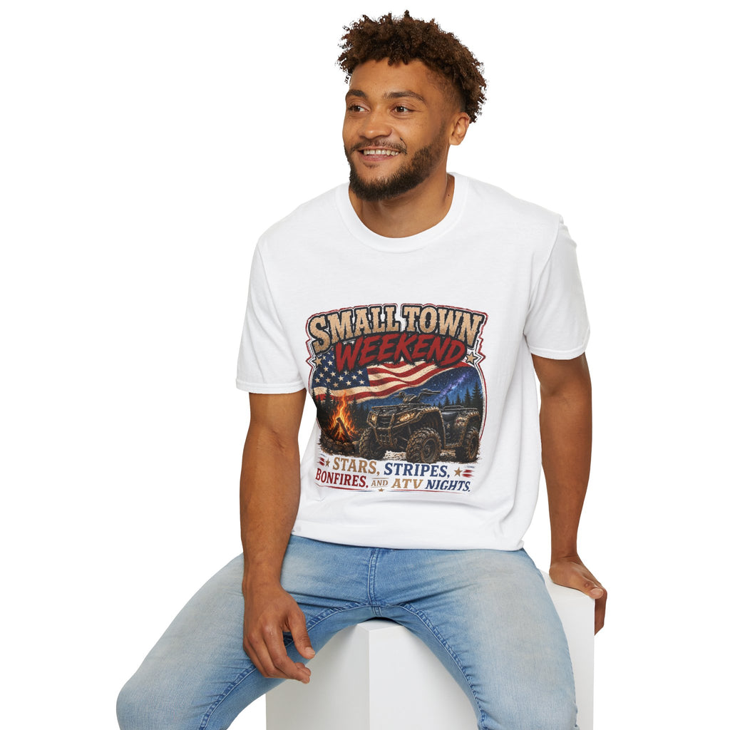 Small Town Weekend T-Shirt — Americana Flag, Bonfire & ATV Retro Graphic