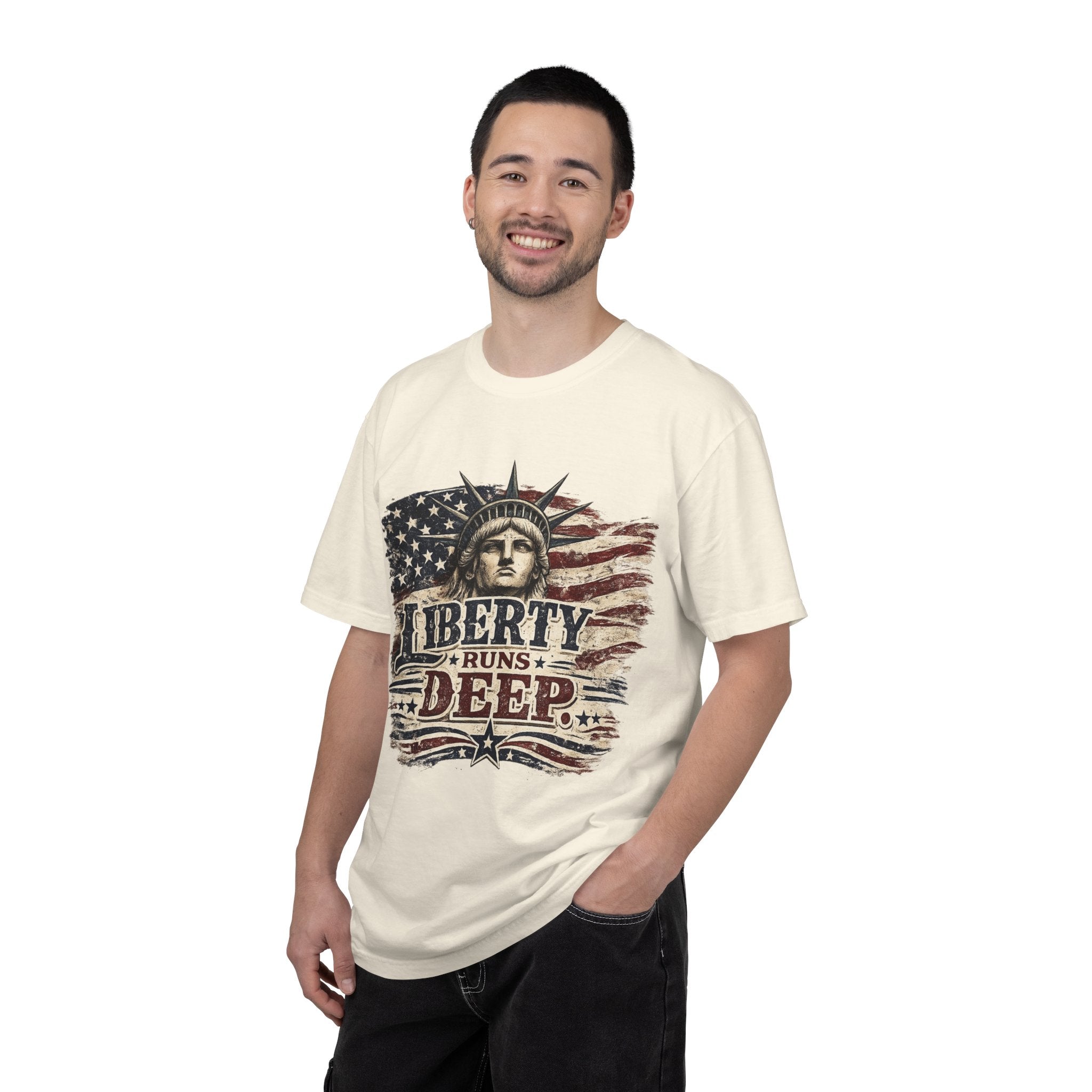 Liberty Runs Deep T-Shirt — Vintage Statue of Liberty & American Flag Graphic