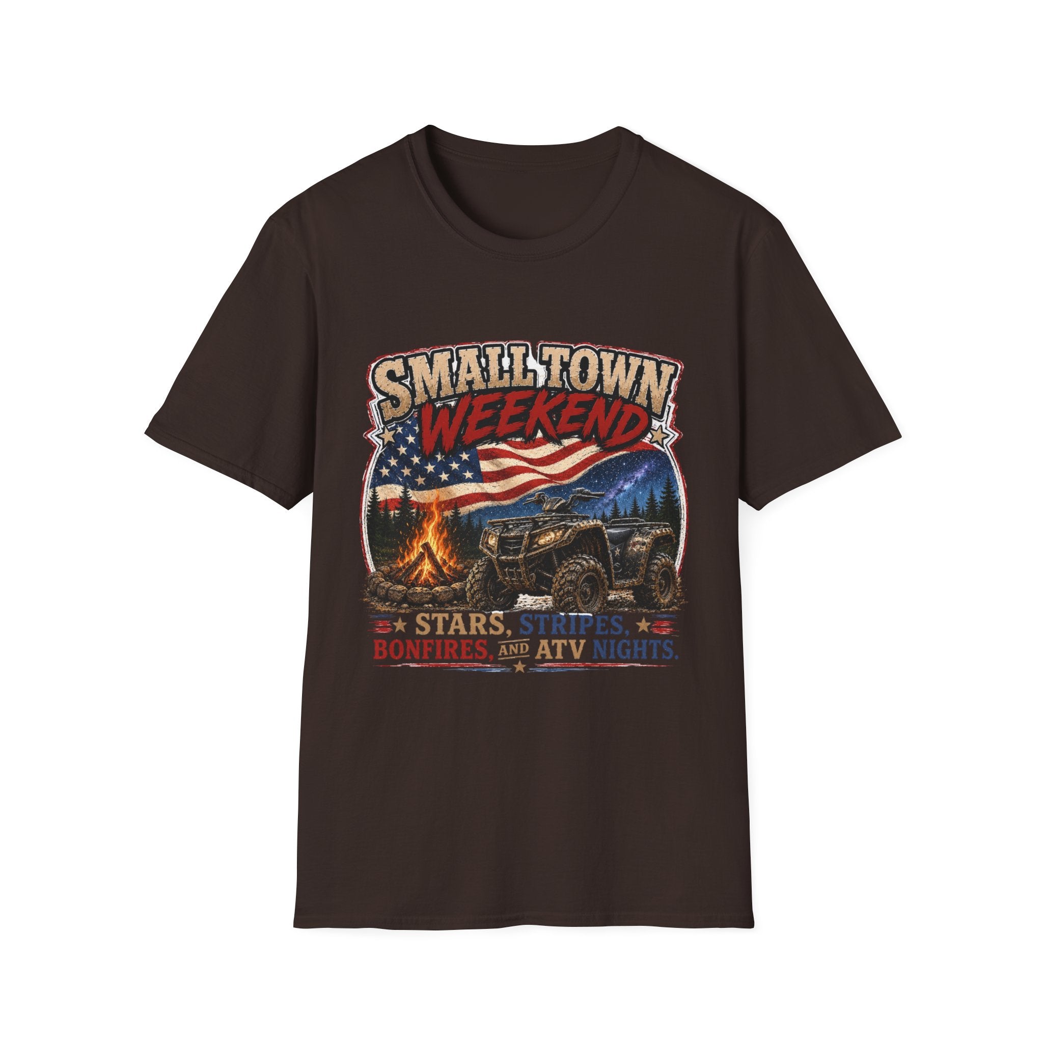 Small Town Weekend T-Shirt — Americana Flag, Bonfire & ATV Retro Graphic