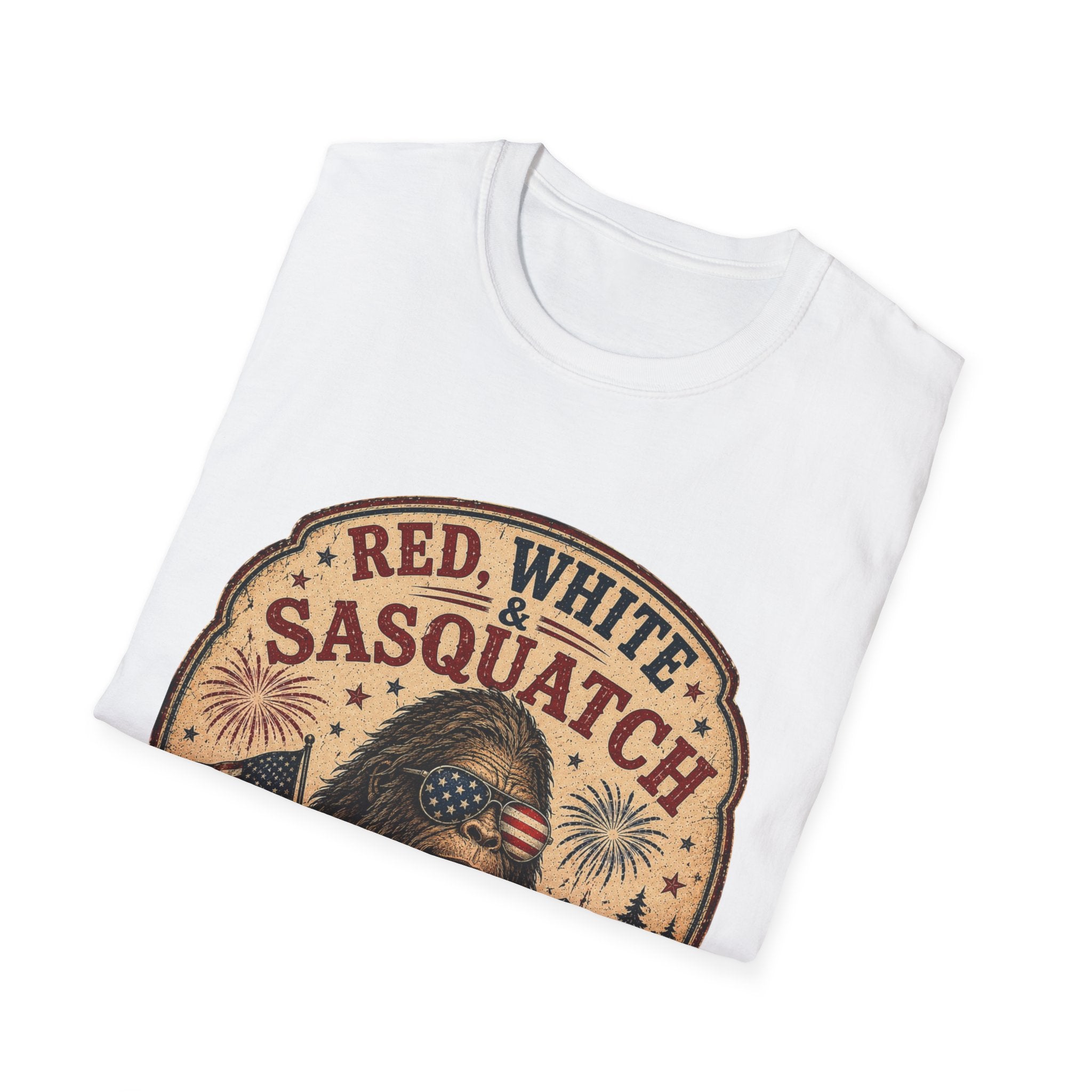 Red, White & Sasquatch T-Shirt — Proudly Unverified Patriotic Tee