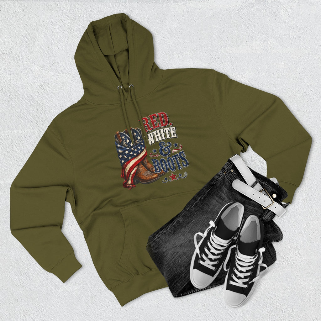 Patriotic 'Red White & Boots' Hoodie — American Flag Cowboy Boots Pullover