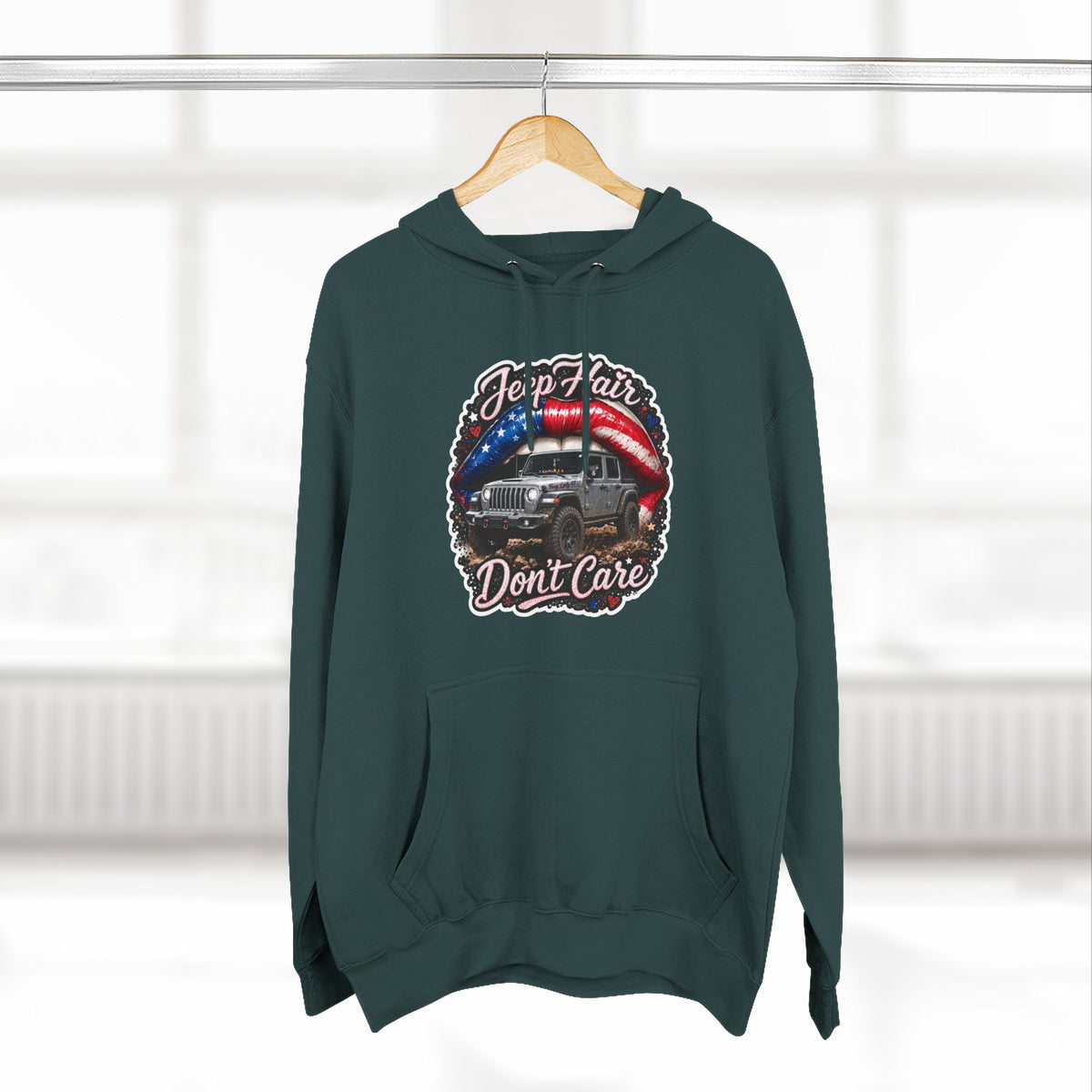 "Jeep Hair Don't Care" Graphic Fleece Pullover - Patriotic Jeep Hoodie