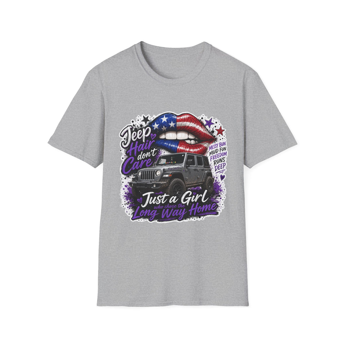 Jeep Hair Don't Care T-Shirt — American Flag Lips Off-Road Truck Tee