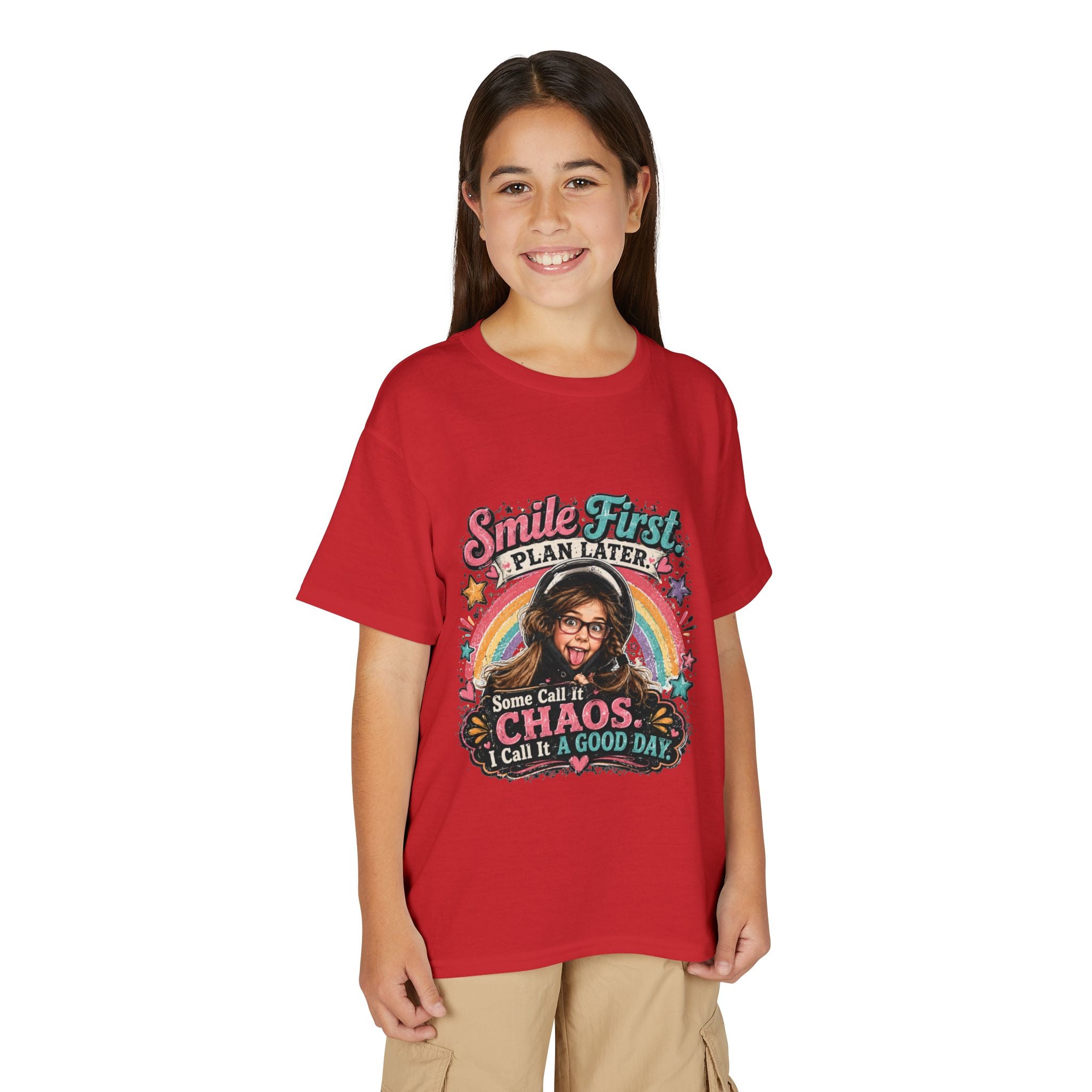 "Smile First, Plan Later" Funny Chaos Rainbow Kids Tee — Youth T-Shirt