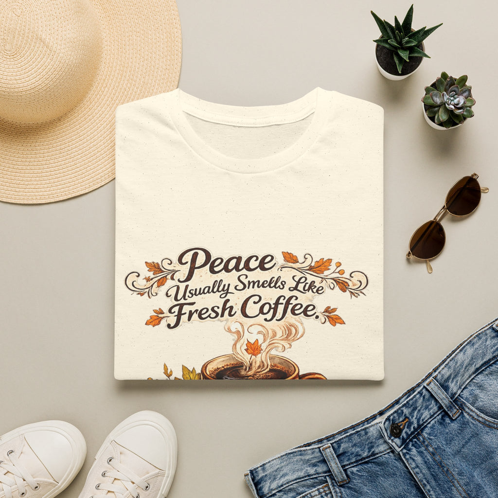 "Peace Usually Smells Like Fresh Coffee" Cozy Graphic Tee — Coffee T-Shirt