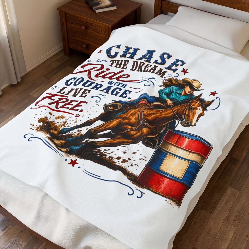“Chase the Dream, Ride with Courage, Live Free” Barrel Racing Horse Throw — Velveteen Blanket