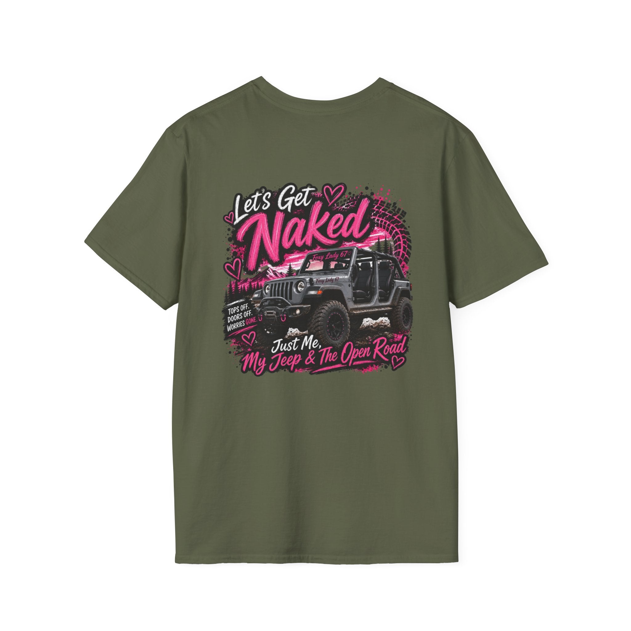 Lets Get Naked Jeep (design on front and back) Softstyle T-Shirt