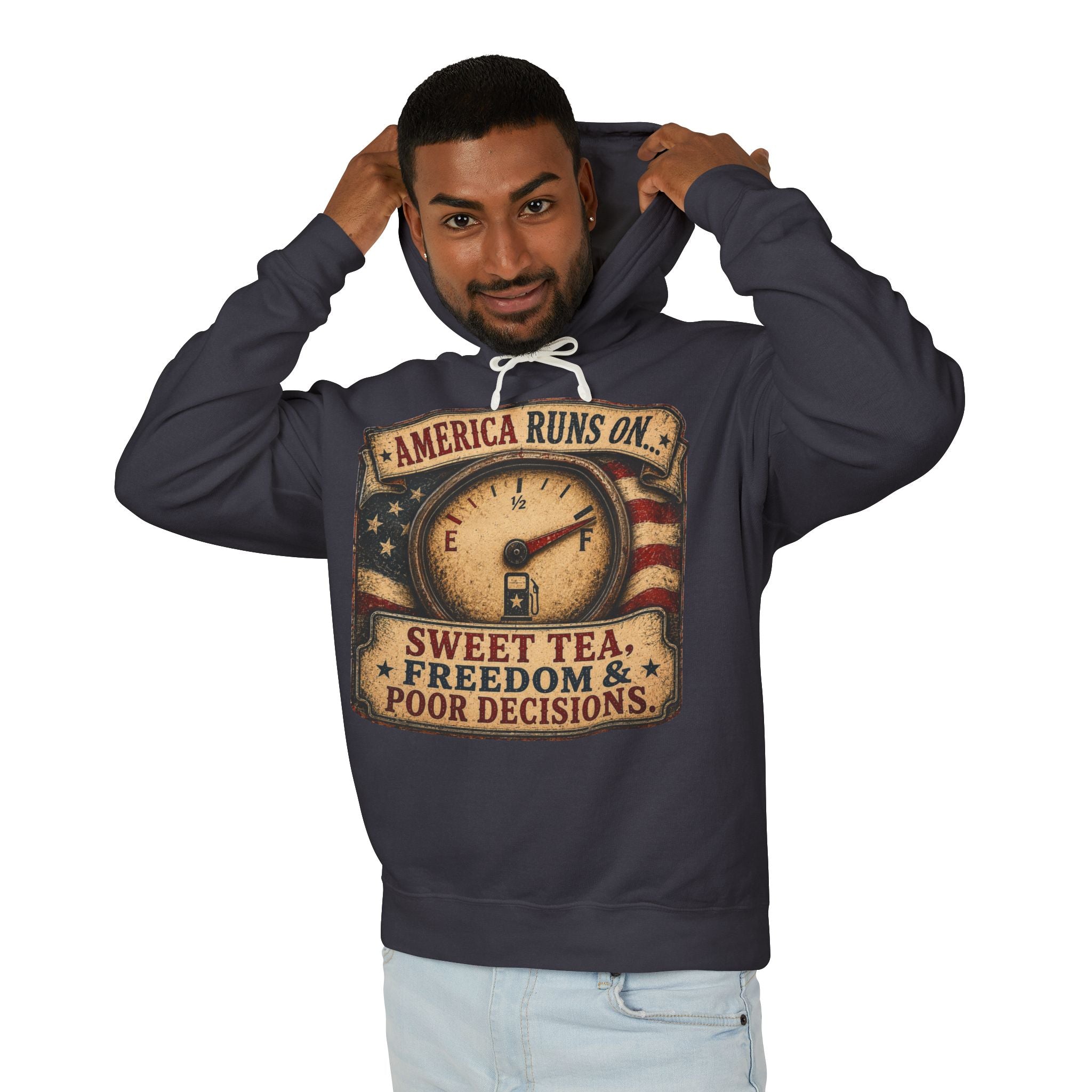 America Runs On Sweet Tea Hoodie — 'Sweet Tea, Freedom & Poor Decisions' Patriotic Pullover