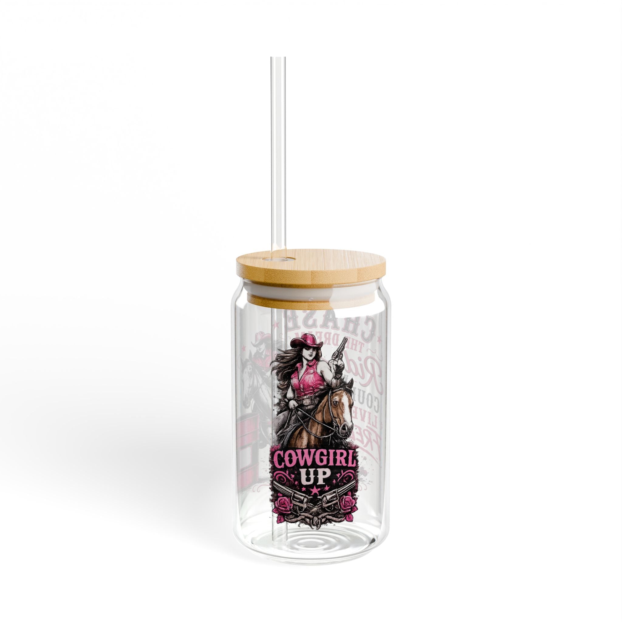 "Chase the Dream" Horse Racing Design, 16oz Glass Jar with Straw - Sipper Glass
