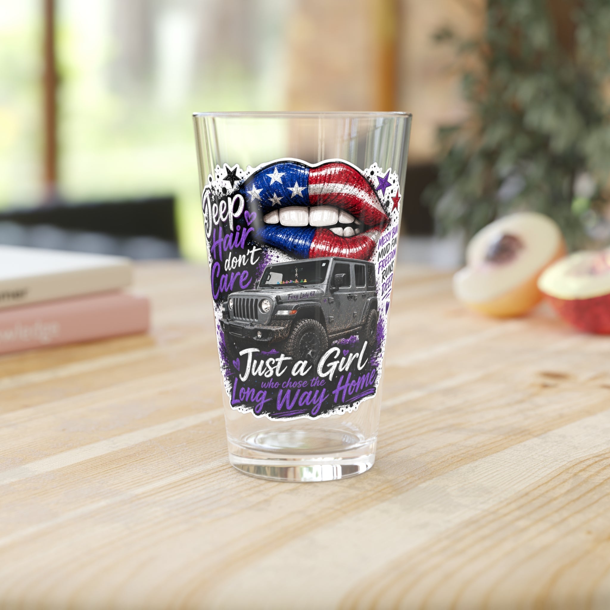 Jeep Girl Pint Glass – 16oz Patriotic Lips & Off-Road Truck Beer Glass