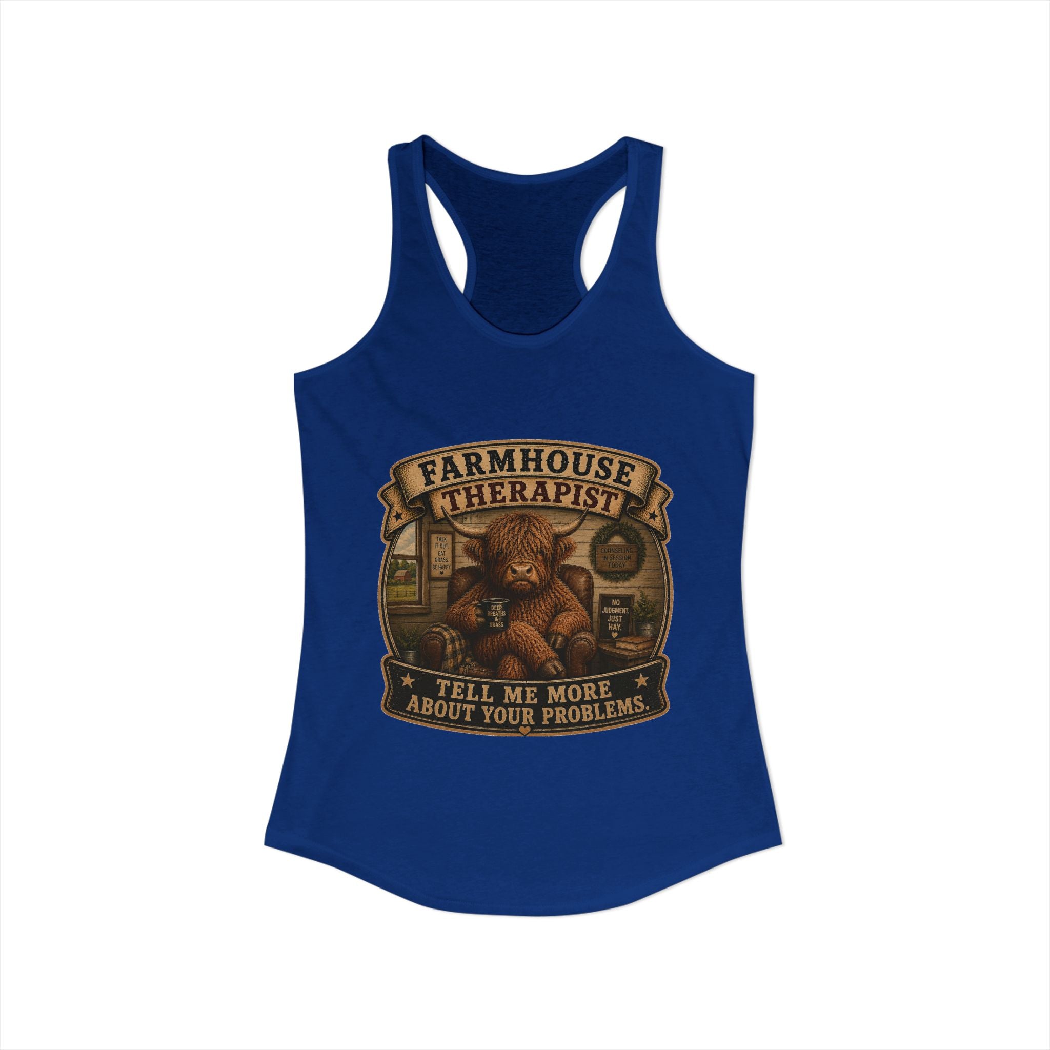 Farmhouse Therapist Highland Cow Women's Ideal Racerback Tank