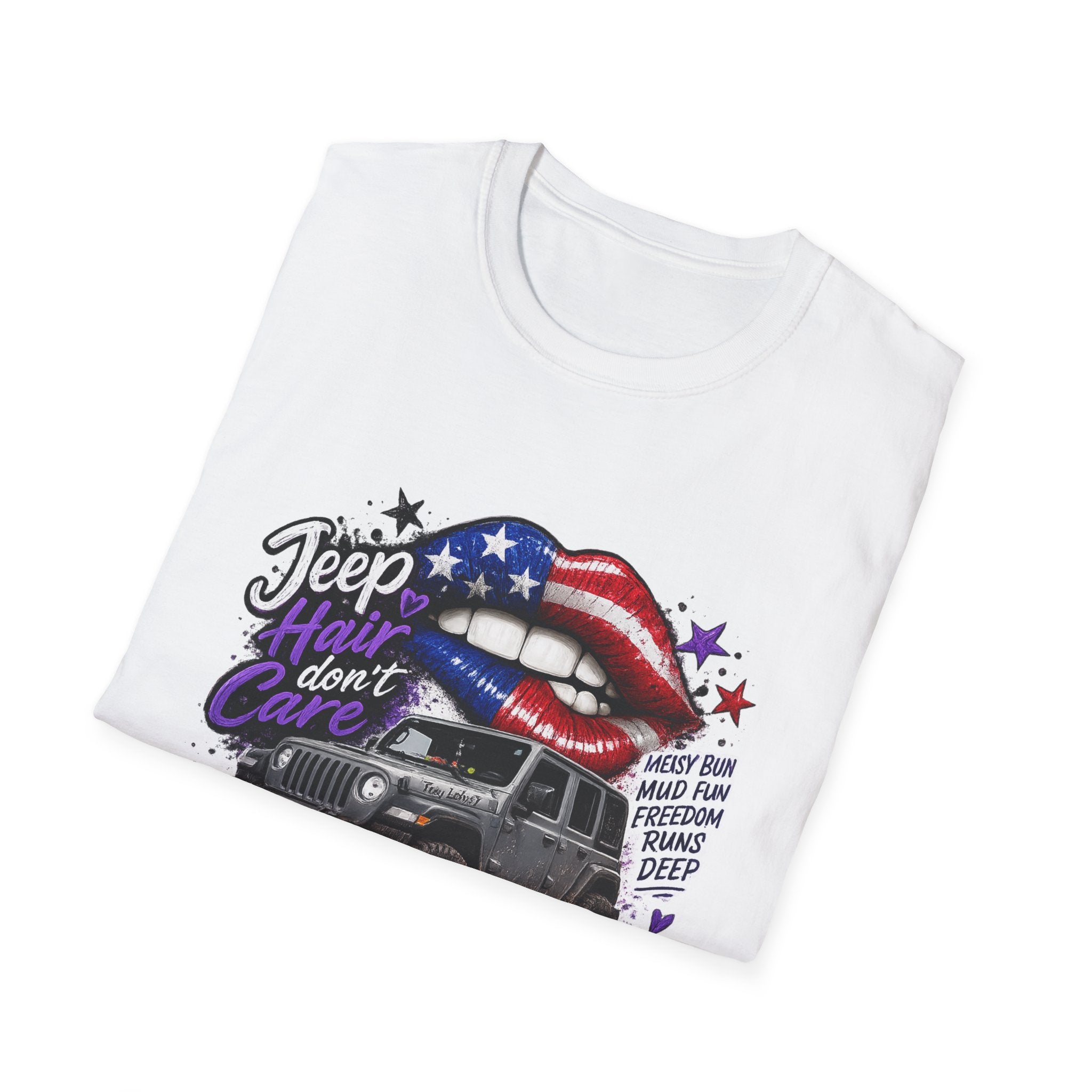 Jeep Hair Don't Care T-Shirt — American Flag Lips Off-Road Truck Tee