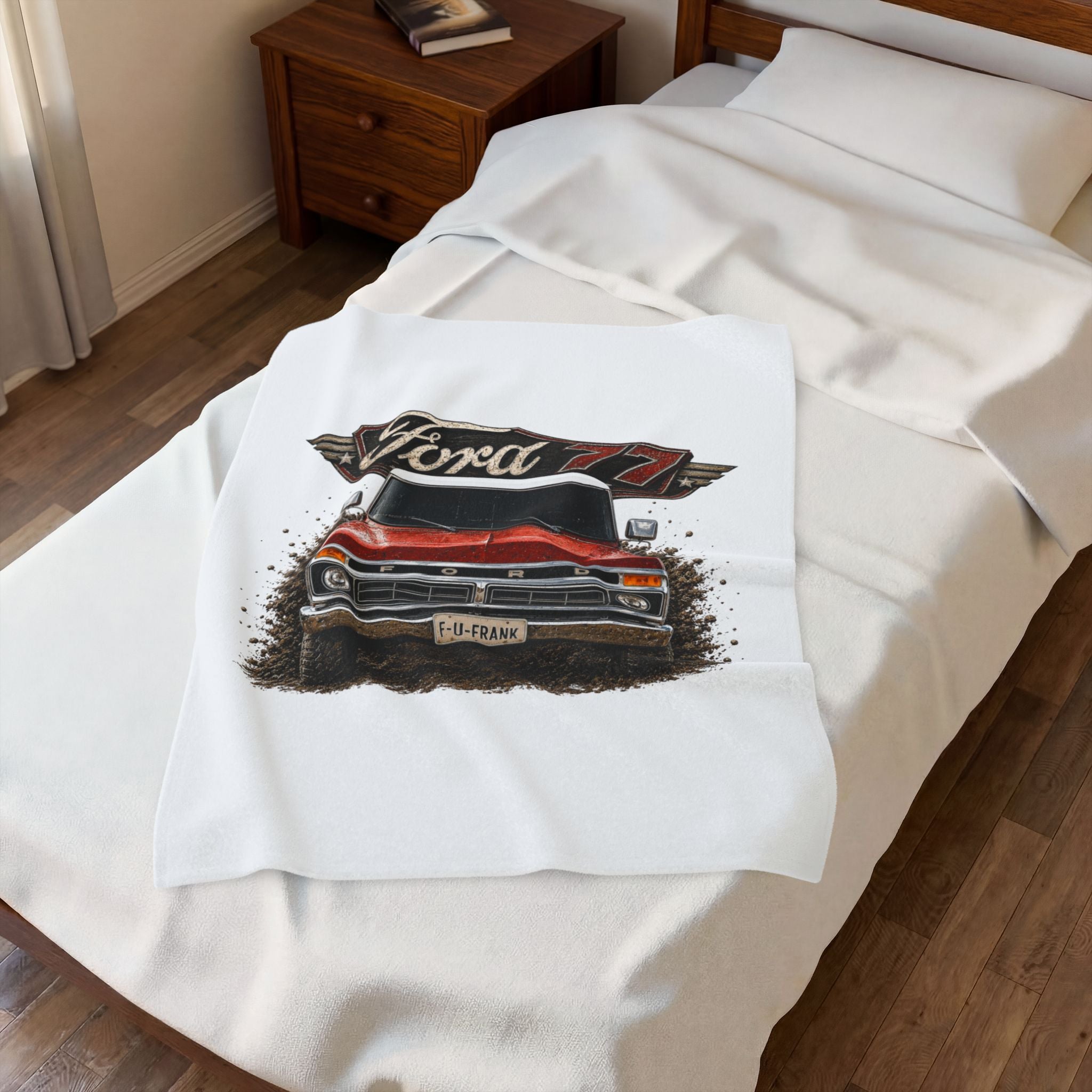 Ford '77 Vintage Truck Velveteen Plush Blanket – Retro Red Pickup Design