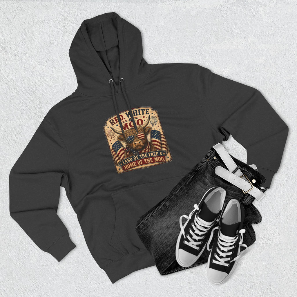 Red, White, & Moo Highland Cow Three-Panel Fleece Hoodie