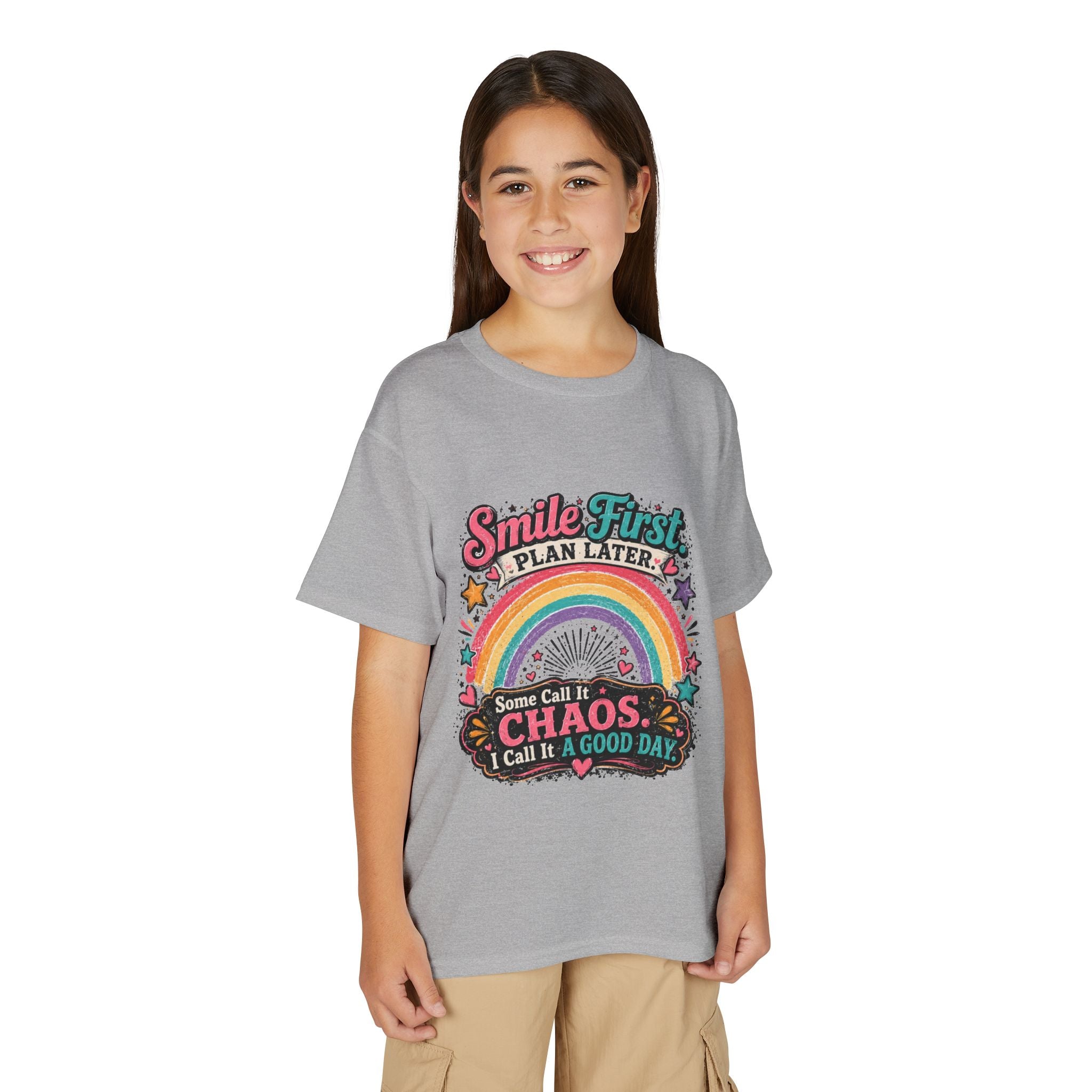 "Smile First, Plan Later" Rainbow Chaos Graphic Tee - Youth T-Shirt —