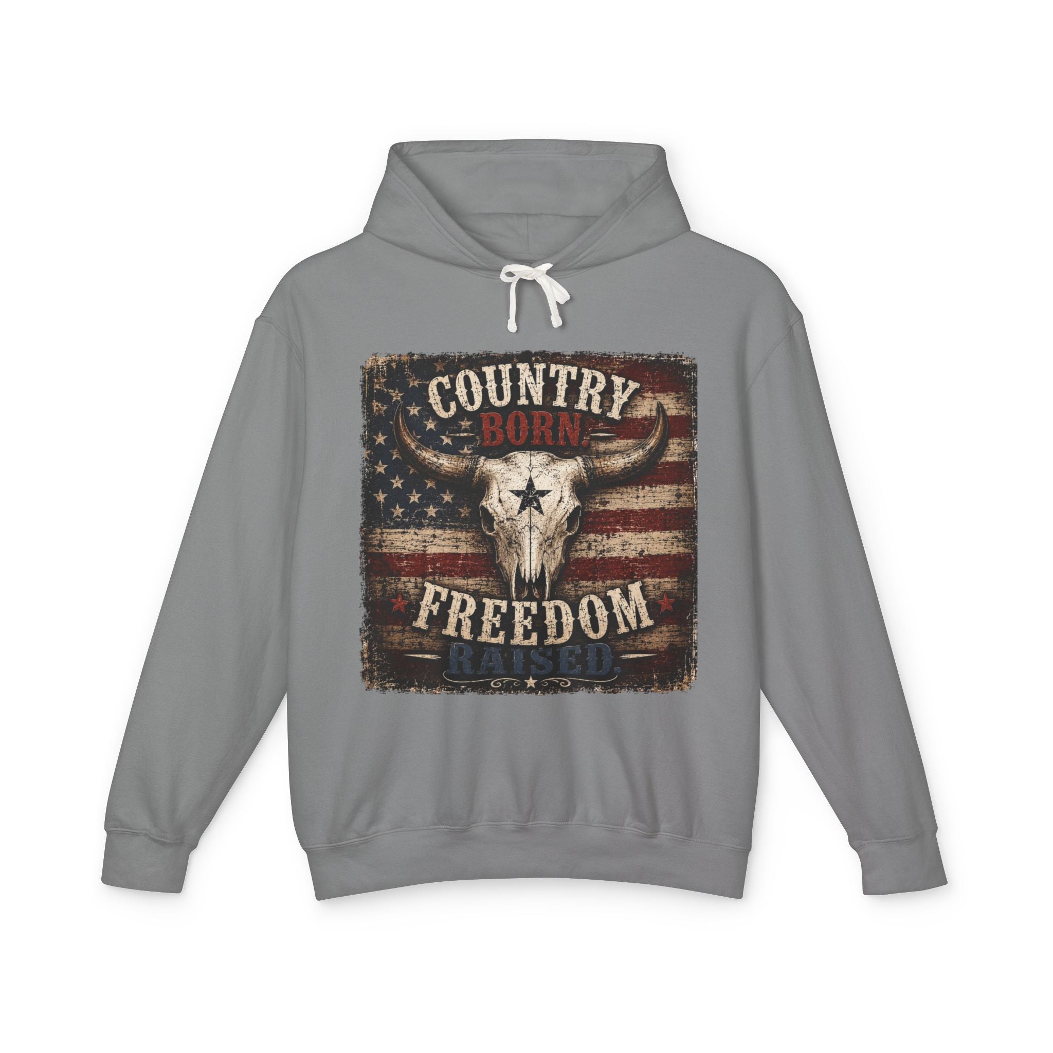 Country Born Raised Freedom Hoodie — American Flag Bull Skull Graphic Hooded Sweatshirt