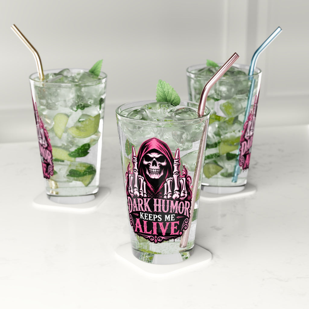 Humor Keeps Me Alive Grim Reaper Pink Pint Glass, 16oz