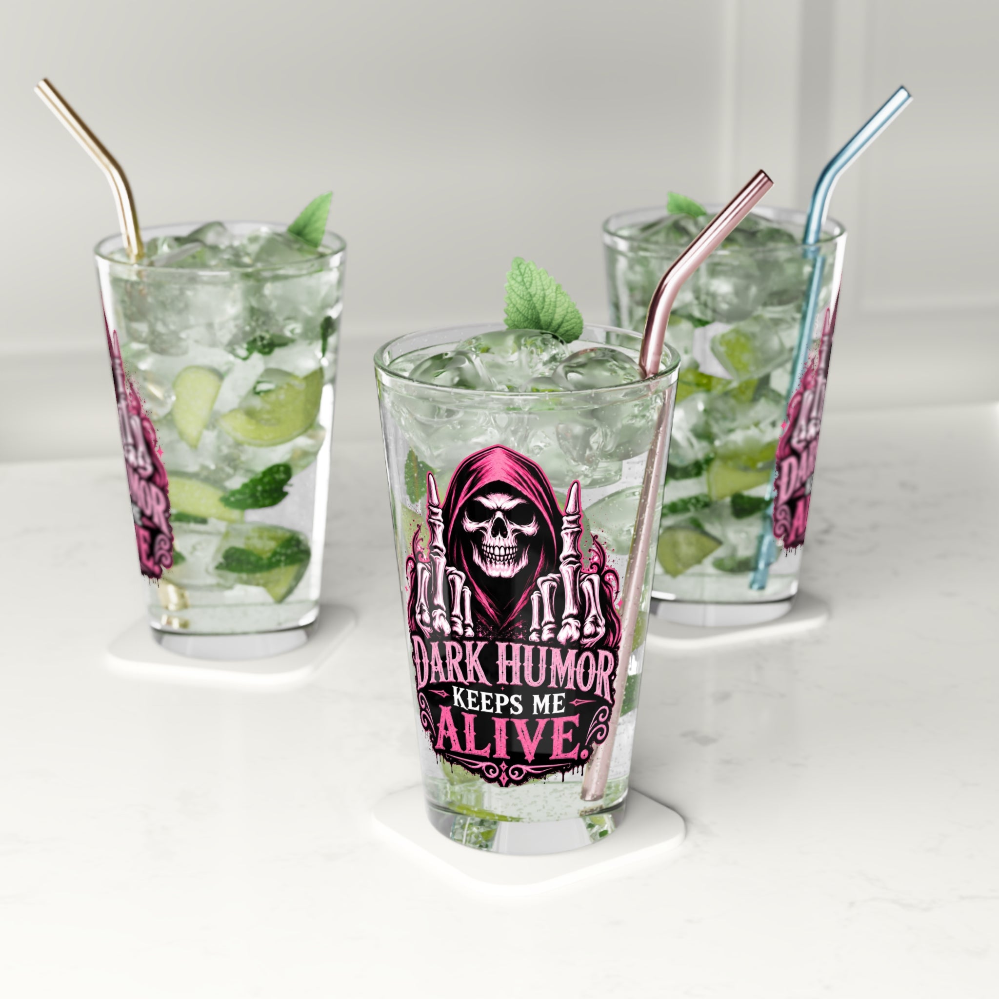 Humor Keeps Me Alive Grim Reaper Pink Pint Glass, 16oz