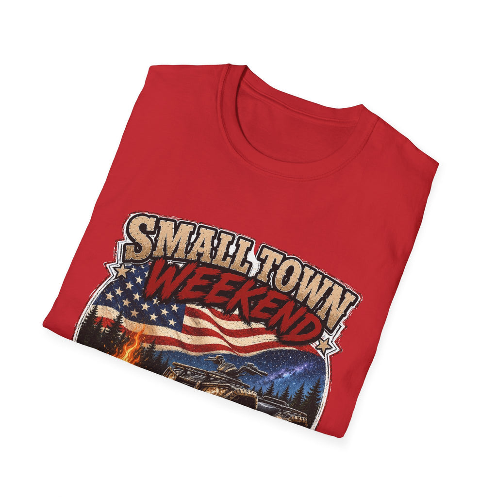 Small Town Weekend T-Shirt — Americana Flag, Bonfire & ATV Retro Graphic