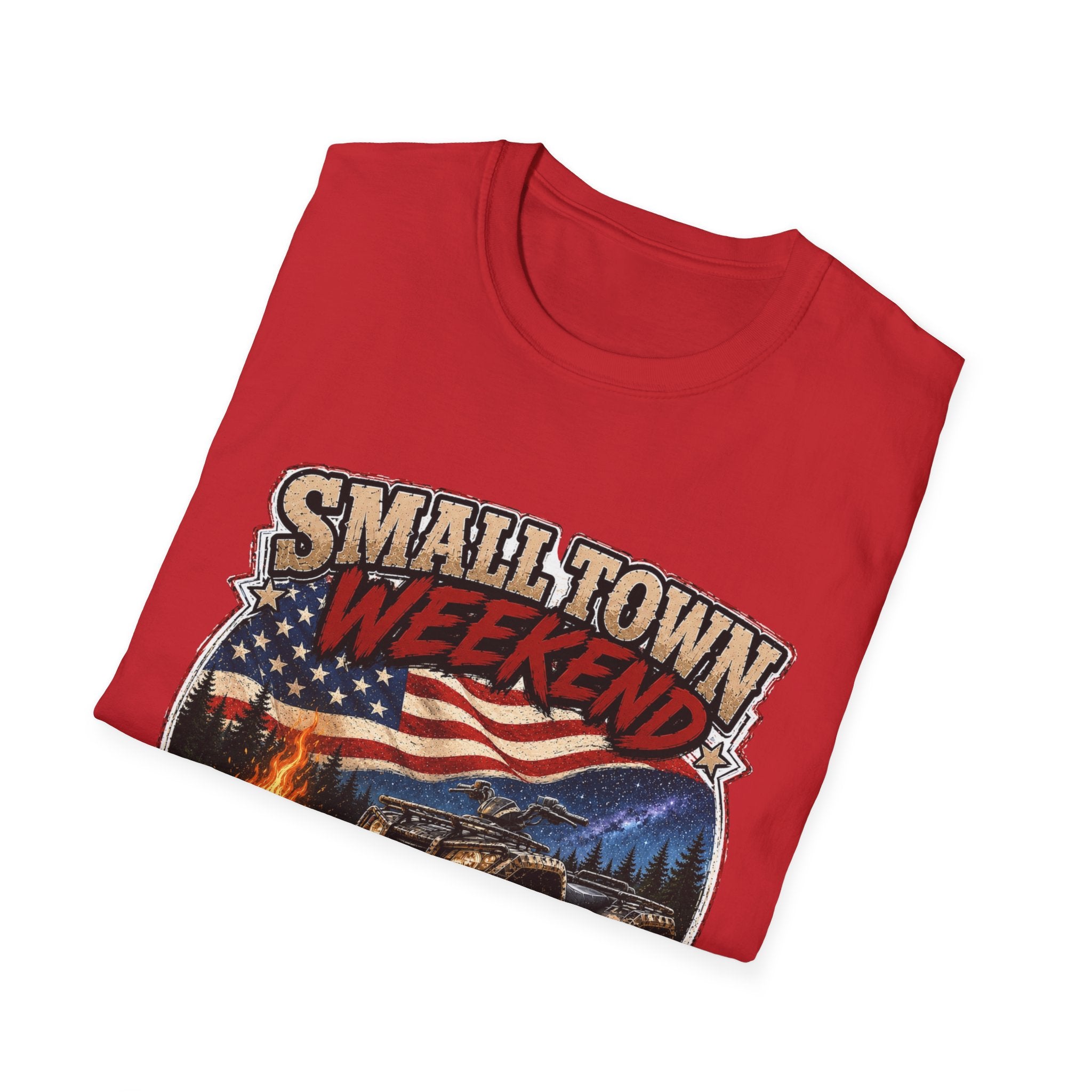 Small Town Weekend T-Shirt — Americana Flag, Bonfire & ATV Retro Graphic
