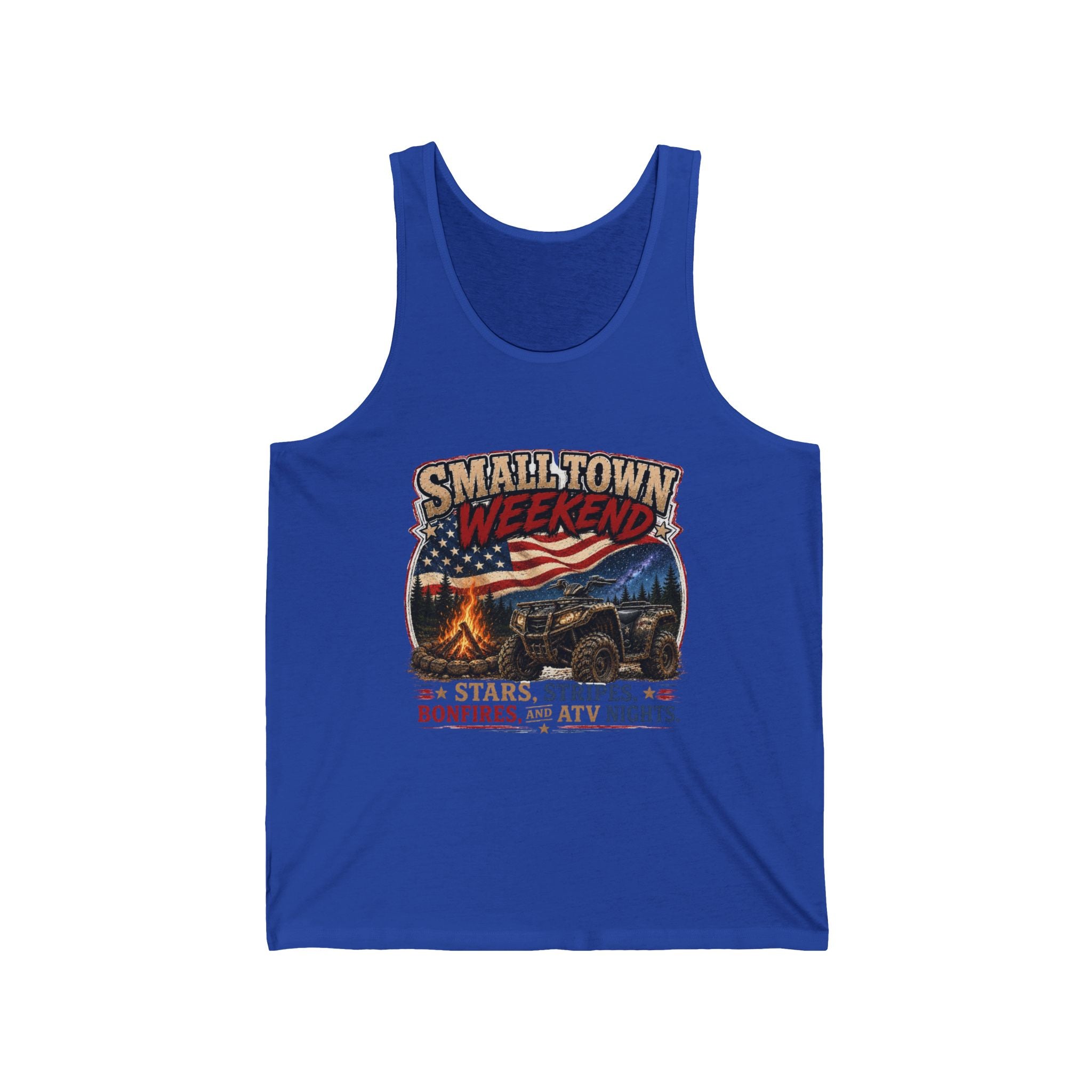 Stars, Stripes, Bonfires & ATV Nights Graphic Tank — Smalltown Weekend Tank Top