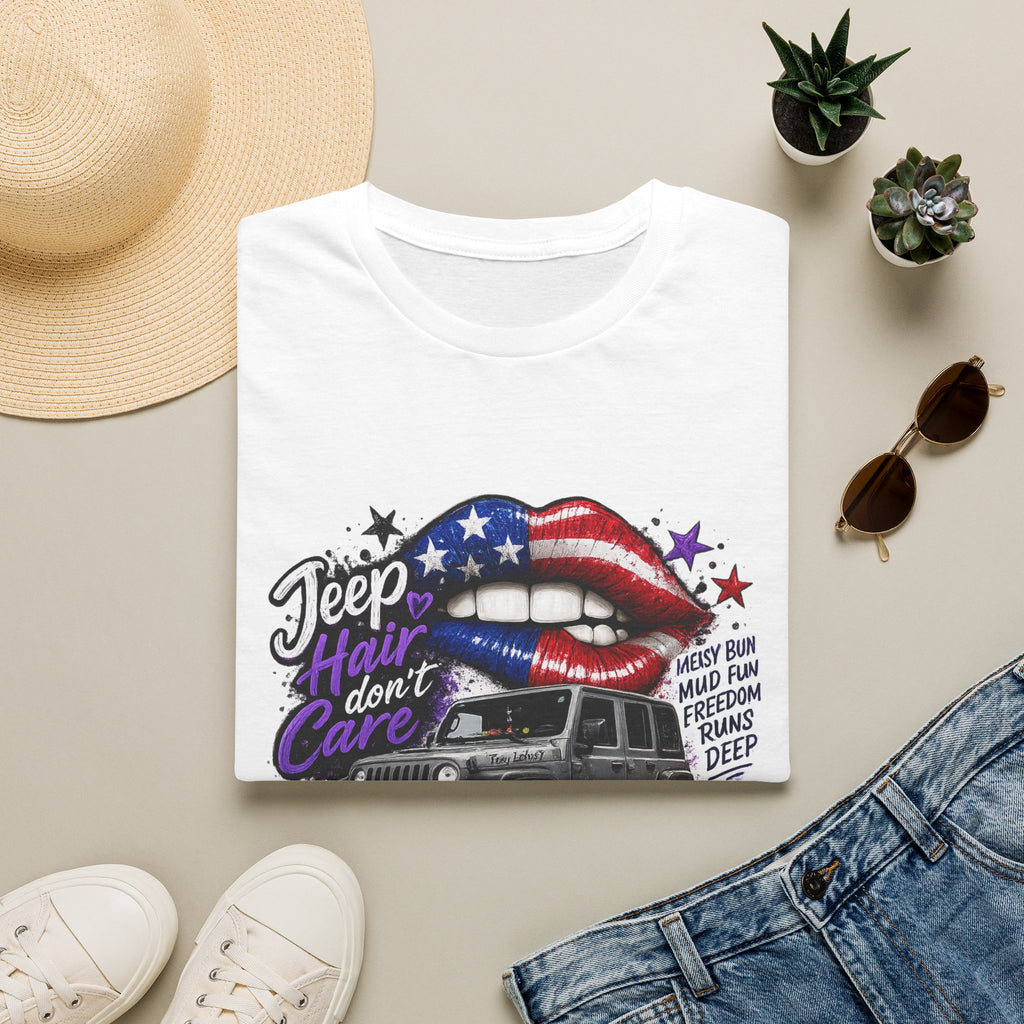 Jeep Hair Don't Care T-Shirt — American Flag Lips Off-Road Truck Tee