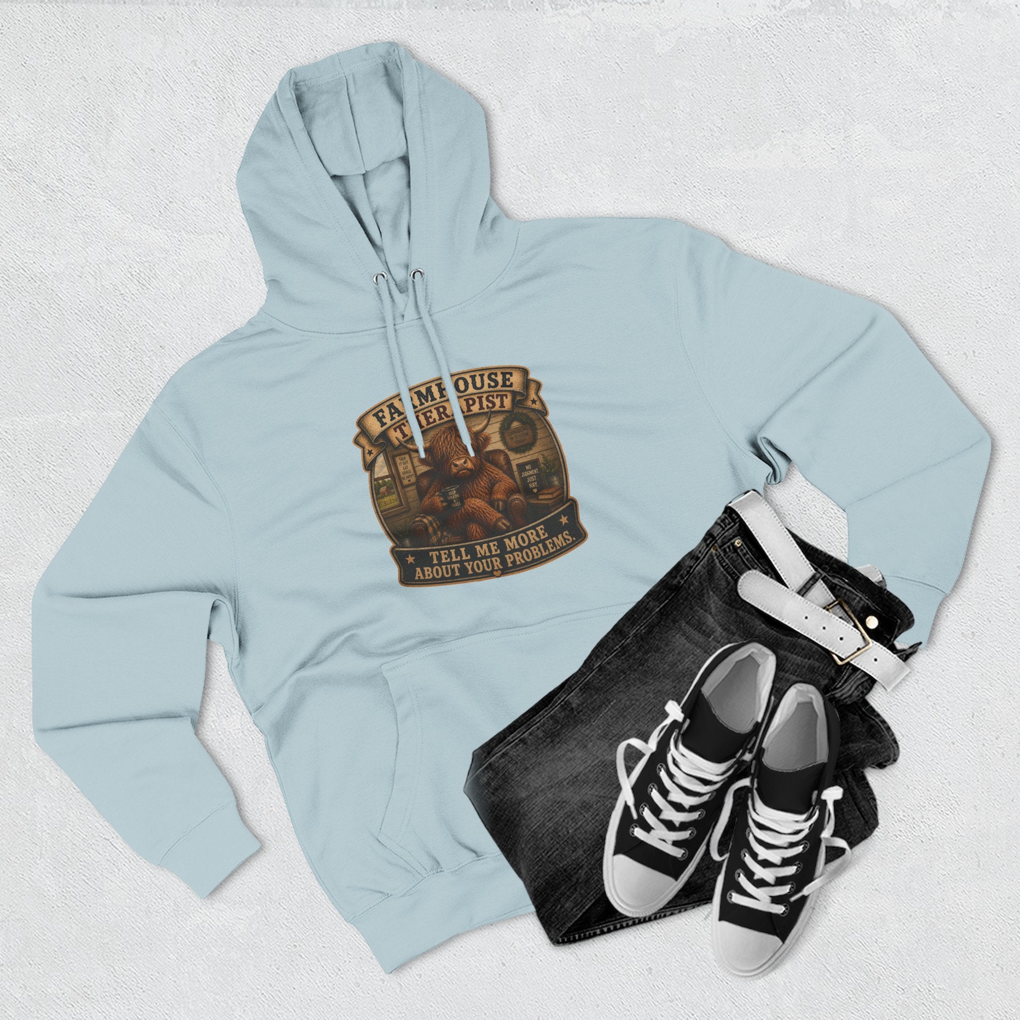 Farmhouse Therapist Highland Cow Three-Panel Fleece Hoodie