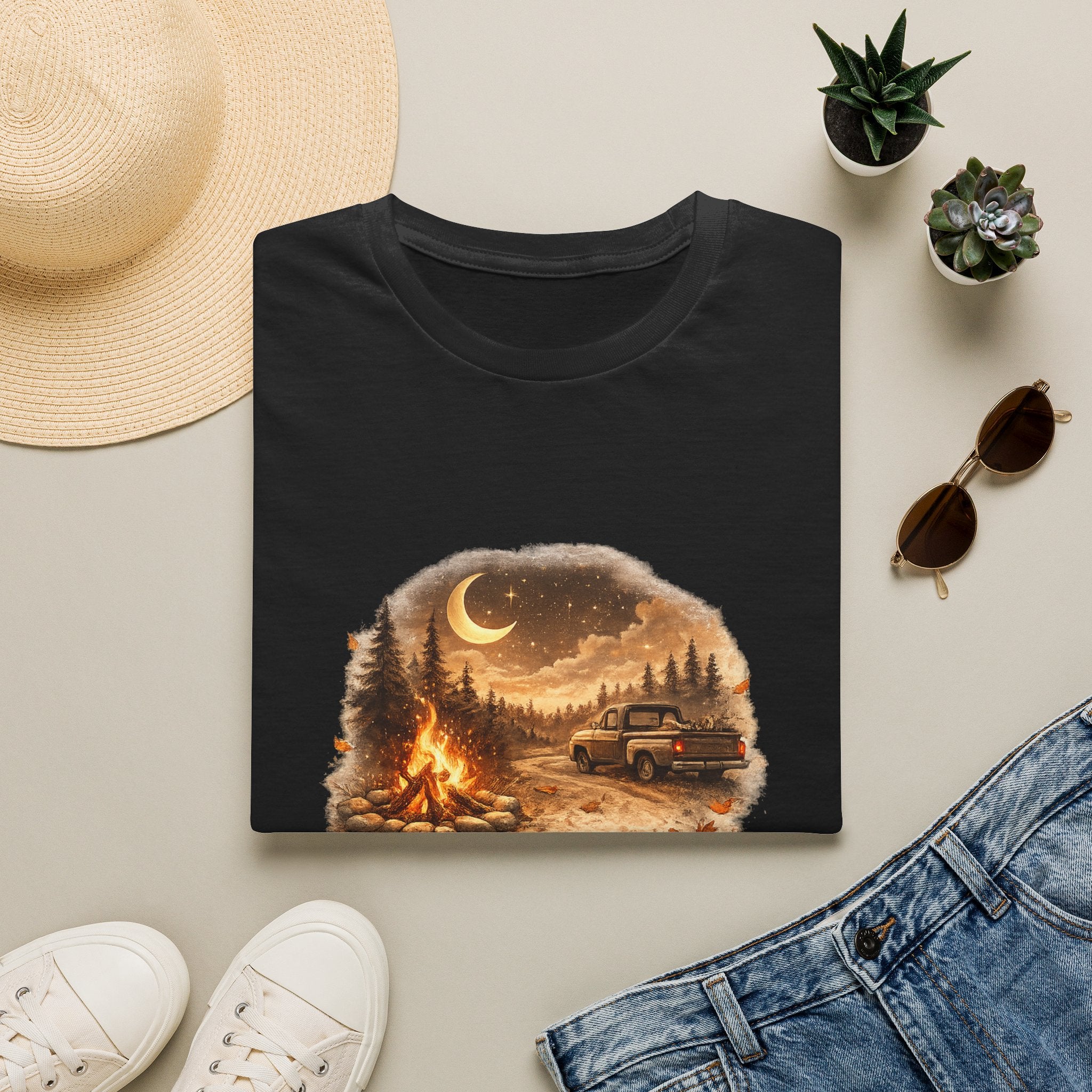 'Bonfires, Backroads, and October Skies' Outdoor Tee — Camping Scene T‑Shirt