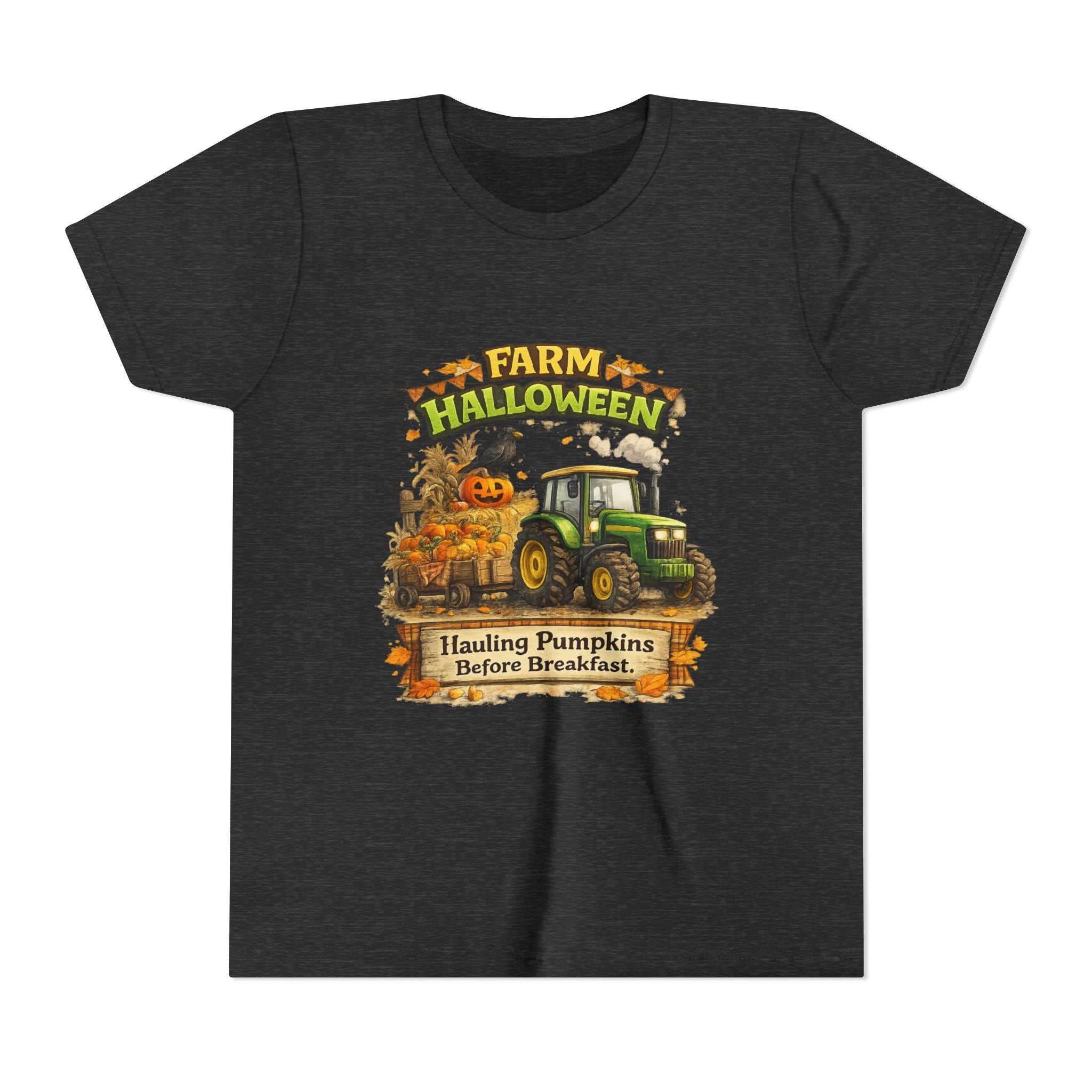 "Hauling Pumpkins Before Breakfast" Tractor Graphic — Youth Farm Halloween Tee
