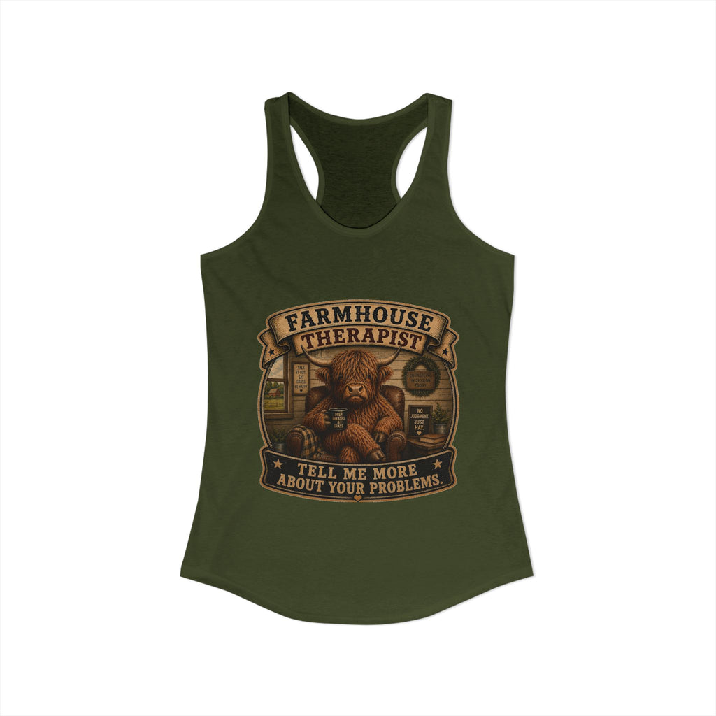 Farmhouse Therapist Highland Cow Women's Ideal Racerback Tank
