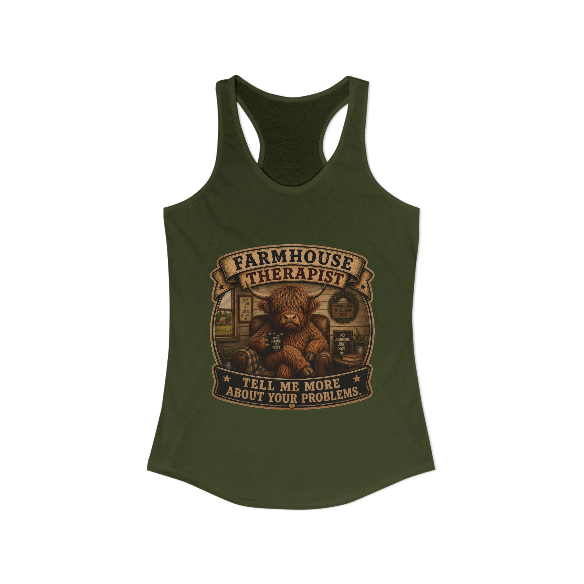 Farmhouse Therapist Highland Cow Women's Ideal Racerback Tank