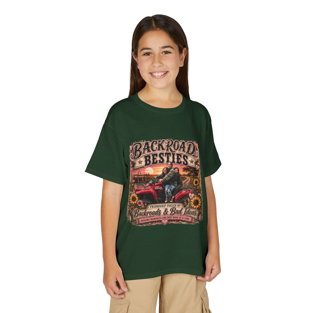 Backroad Besties Youth T‑Shirt — Vintage Tractor Sunset Kids Tee