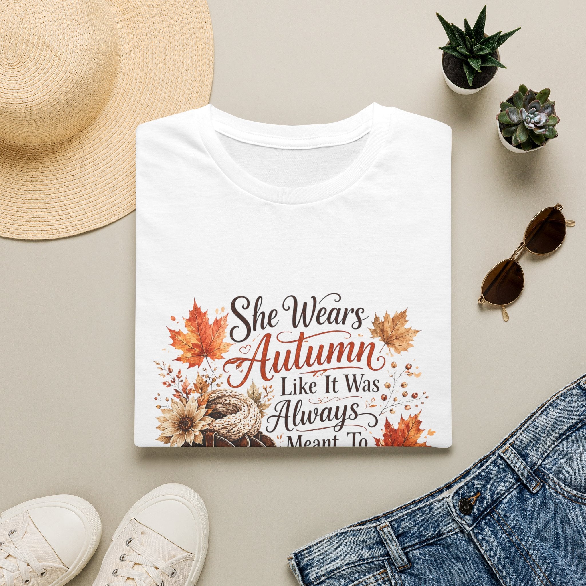 “She Wears Autumn Like It Was Always Meant To Find Her” Fall Graphic T-Shirt — Autumn Tee