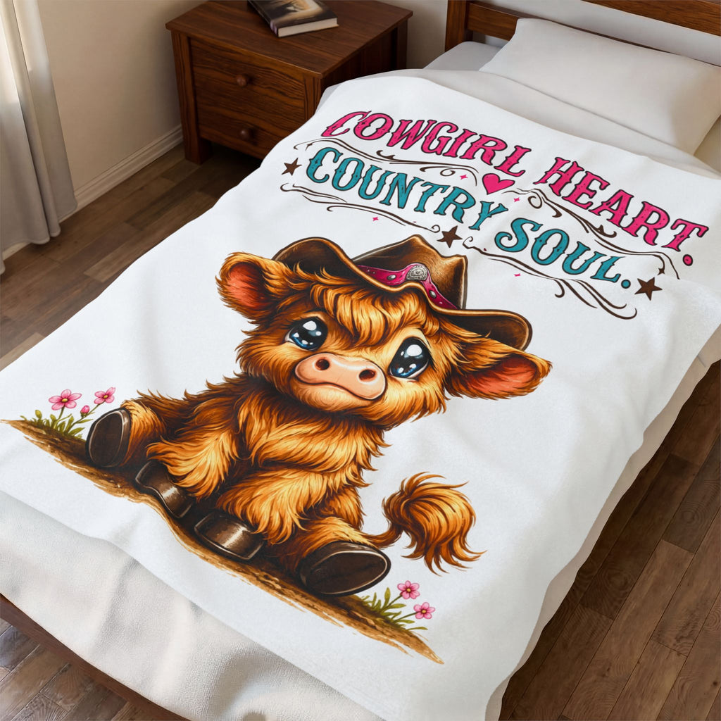 Cowgirl Heart Velveteen Plush Blanket — Cute Cowgirl Calf Design, "Cowgirl Heart Country Soul" Throw