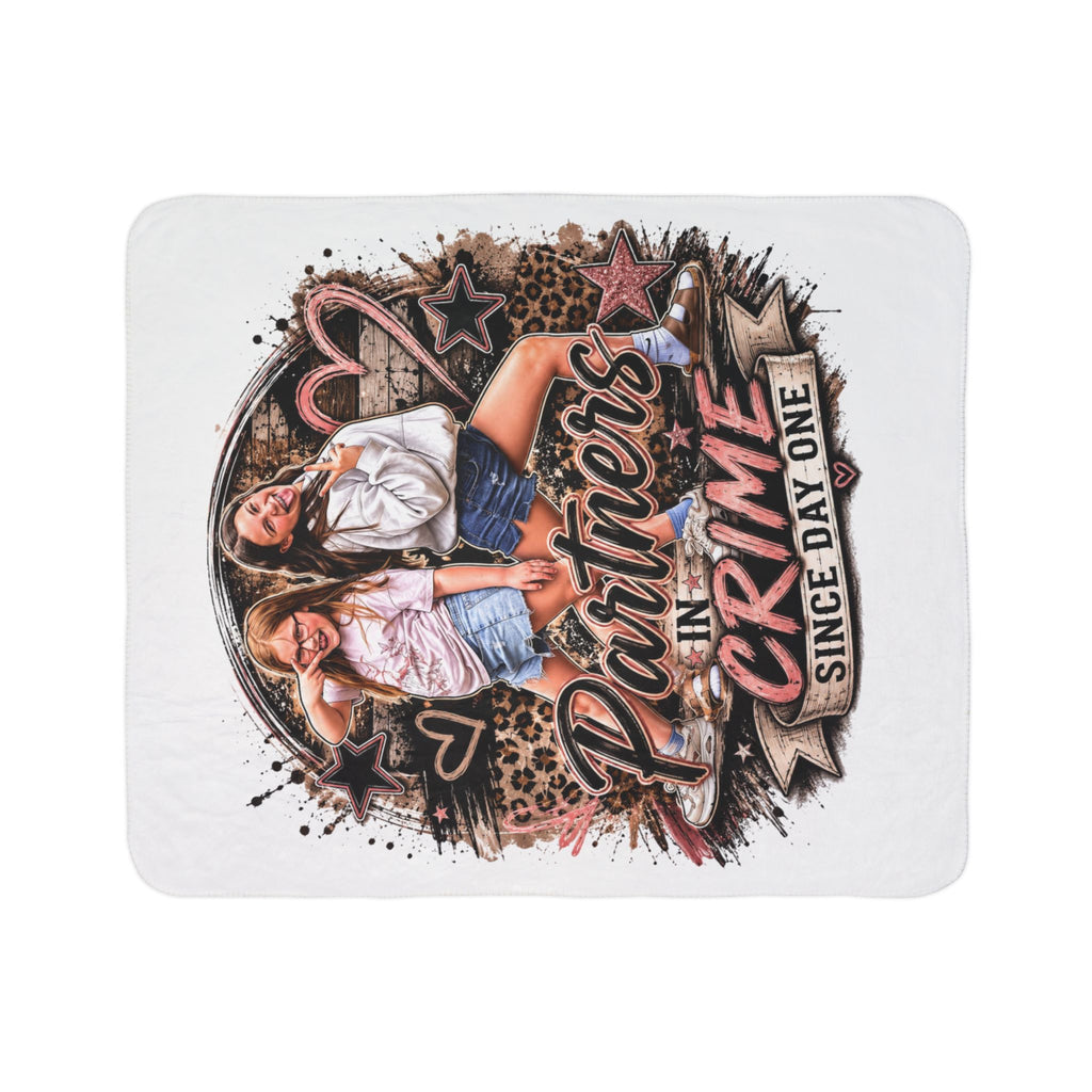 "Partners in Crime Since Day One" Personalized Photo Cozy Throw — Fleece Sherpa Blanket