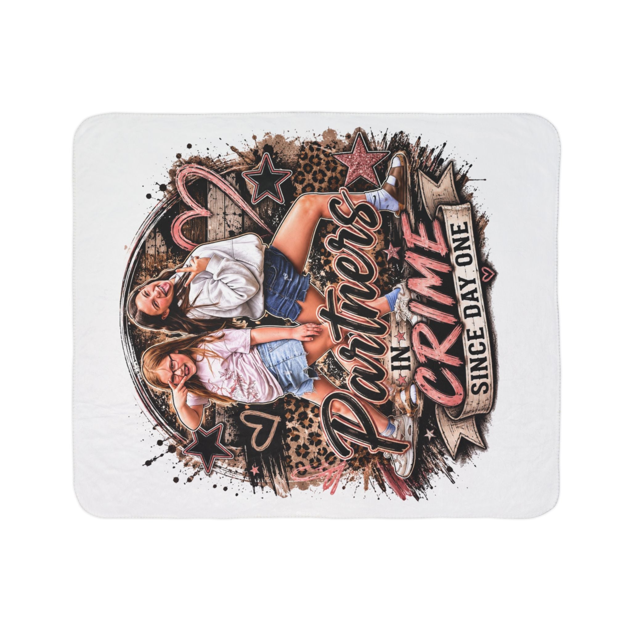 "Partners in Crime Since Day One" Personalized Photo Cozy Throw — Fleece Sherpa Blanket