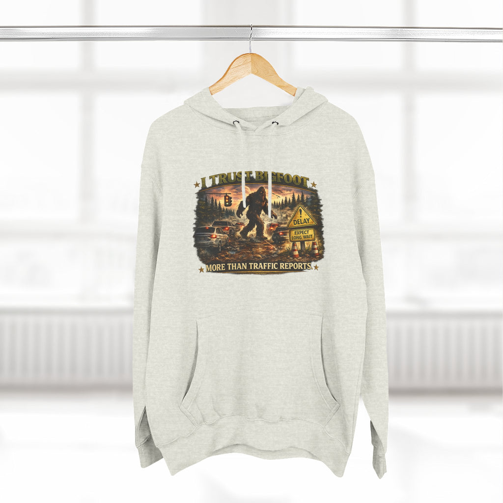 Bigfoot Forest Hoodie - "More Than Traffic Reports" Retro Sasquatch Graphic Hoodie