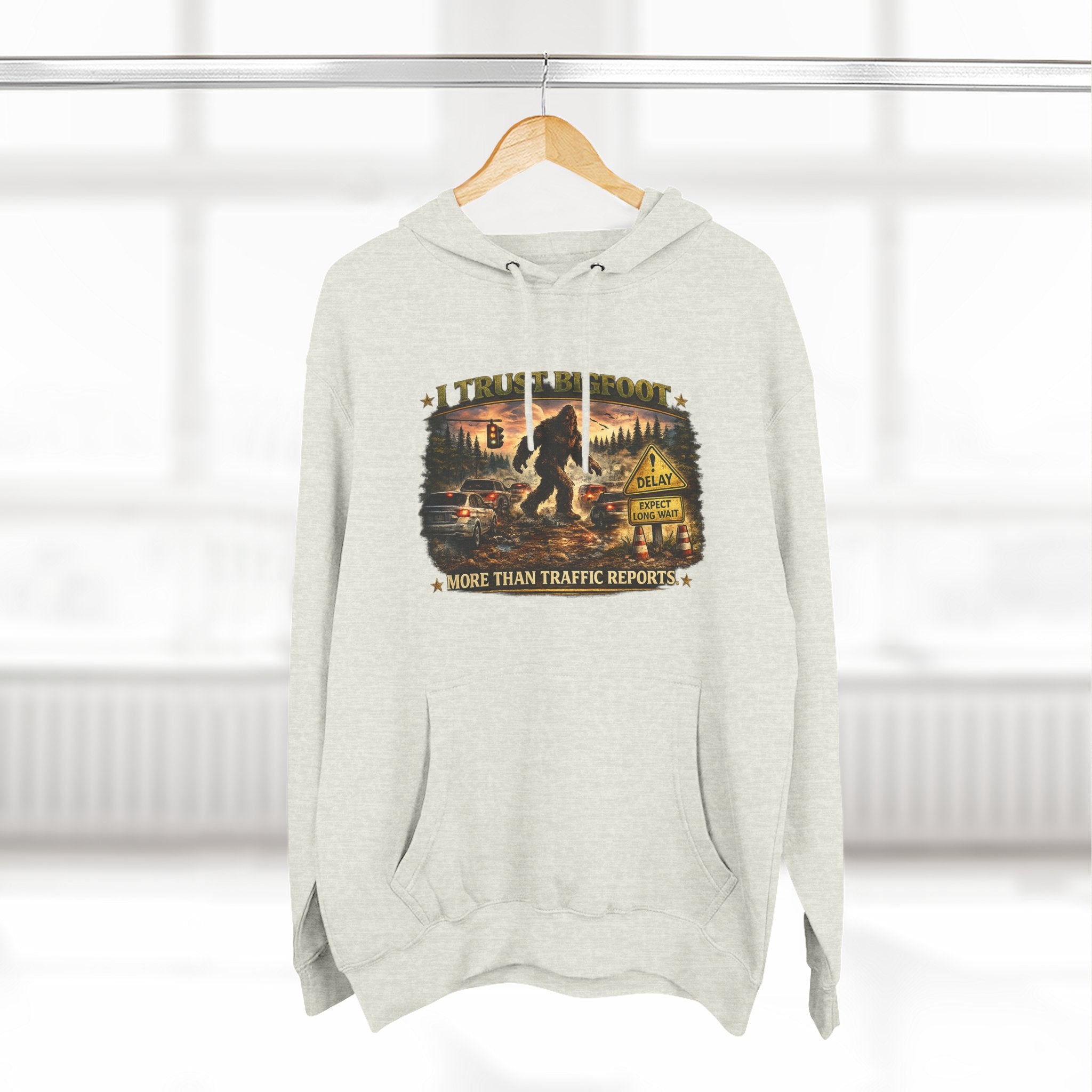 Bigfoot Forest Hoodie - "More Than Traffic Reports" Retro Sasquatch Graphic Hoodie