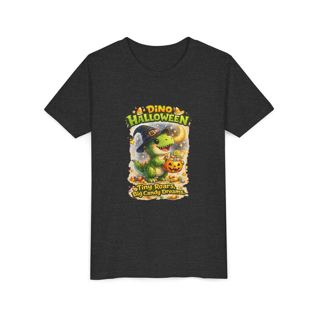 Dino Halloween "Tiny Roars, Big Candy Dreams" Cute Trick-or-Treat T-Shirt - Youth Tee