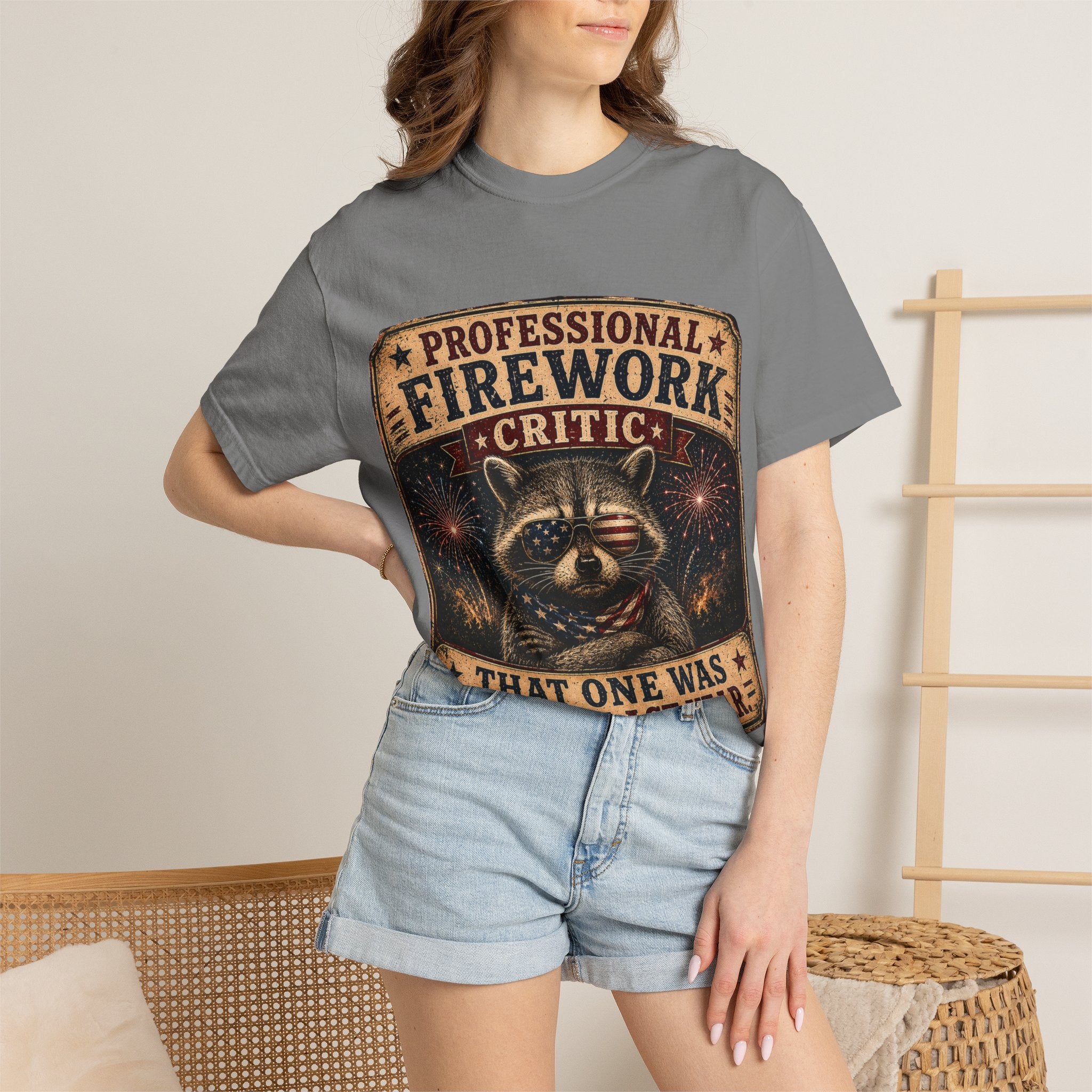 Firework Critic Raccoon T-Shirt — "Professional Firework Critic, That One Was Better Last Year"