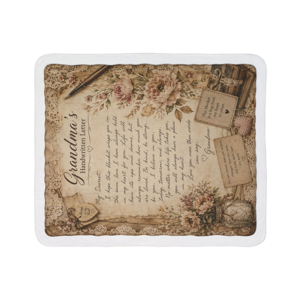 Grandma’s Handwritten Letter Fleece Sherpa Blanket — Vintage Floral Keepsake