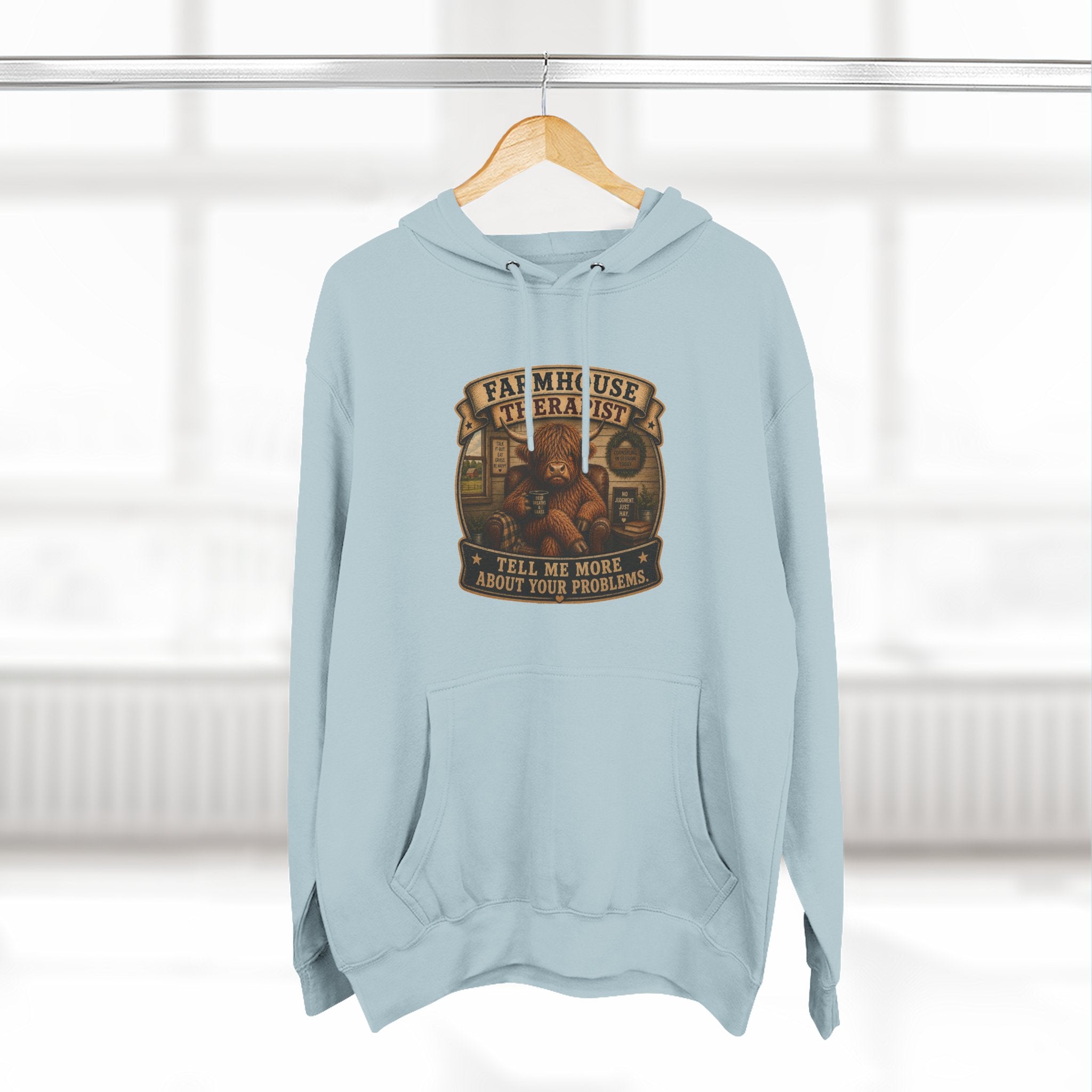 Farmhouse Therapist Highland Cow Three-Panel Fleece Hoodie