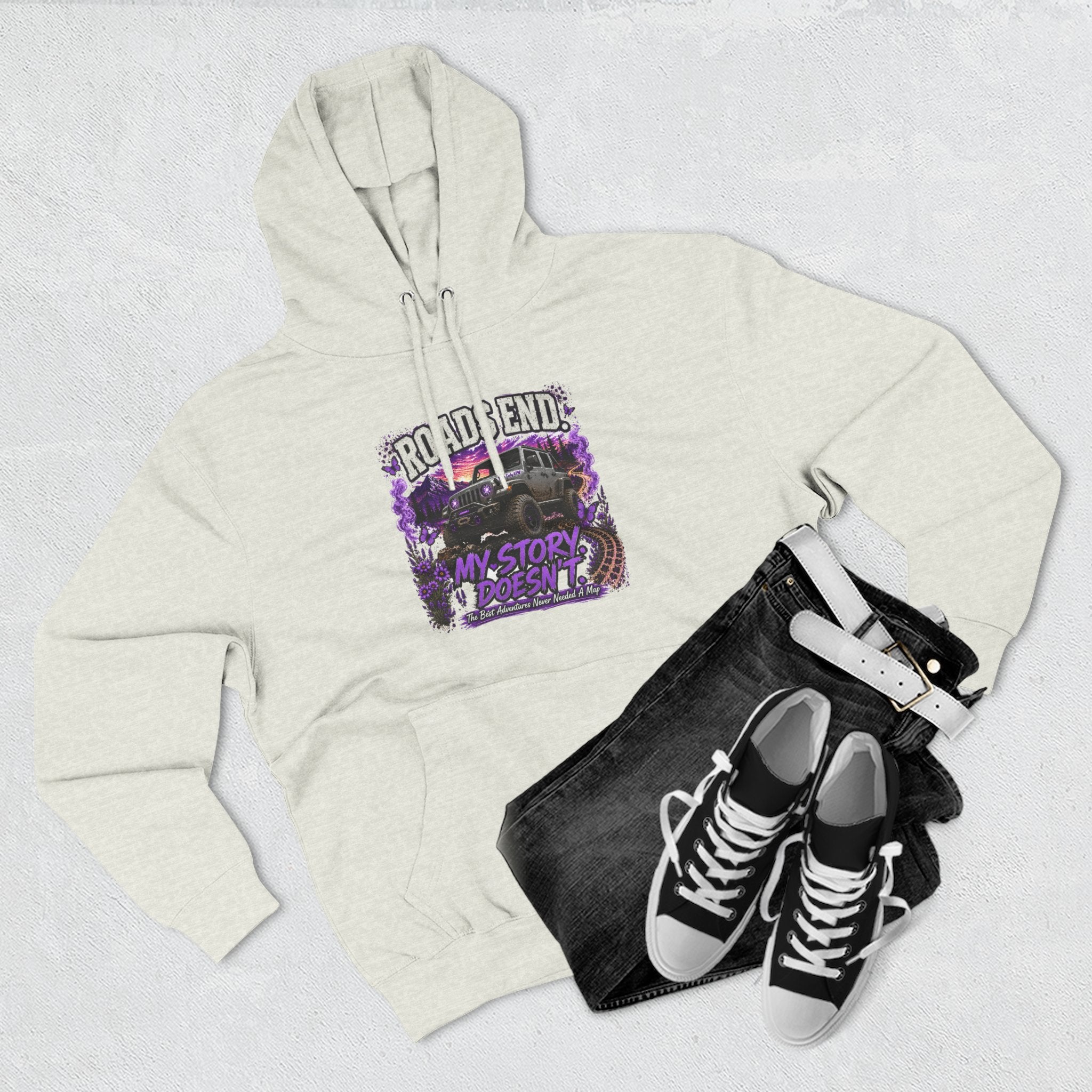 Roads End Jeep (Purple) Three-Panel Fleece Hoodie