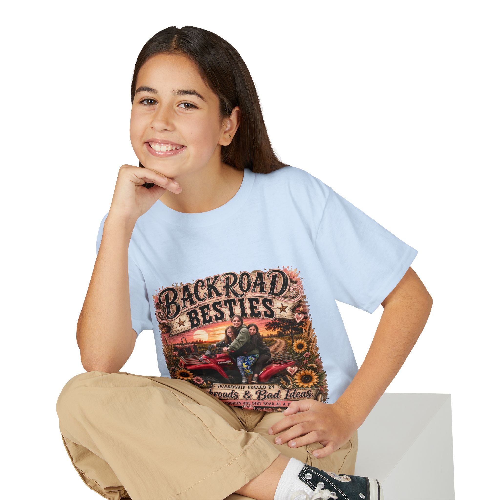 Backroad Besties Youth T‑Shirt — Vintage Tractor Sunset Kids Tee